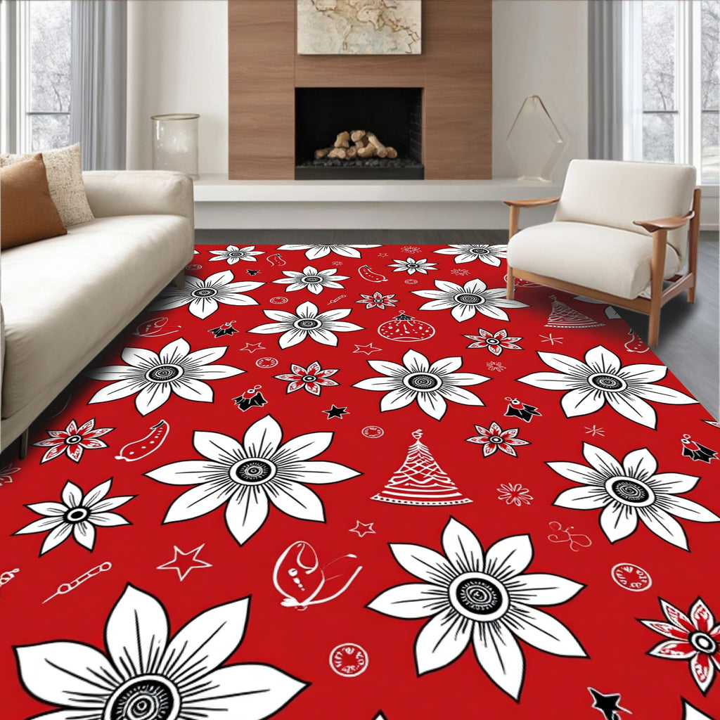 Vibrant Red White Floral Ornaments Christmas Rug
