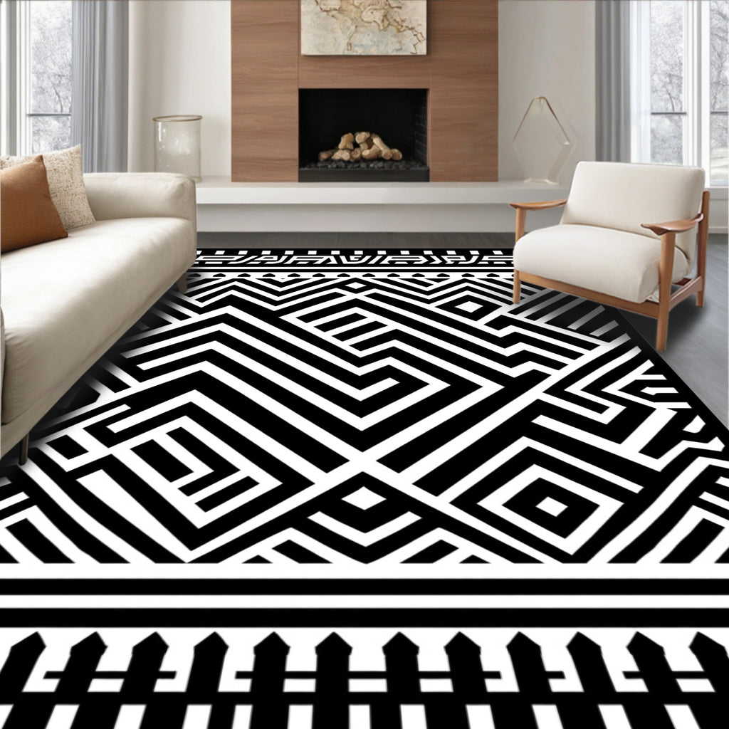Bold Black Geometric Maze Rug