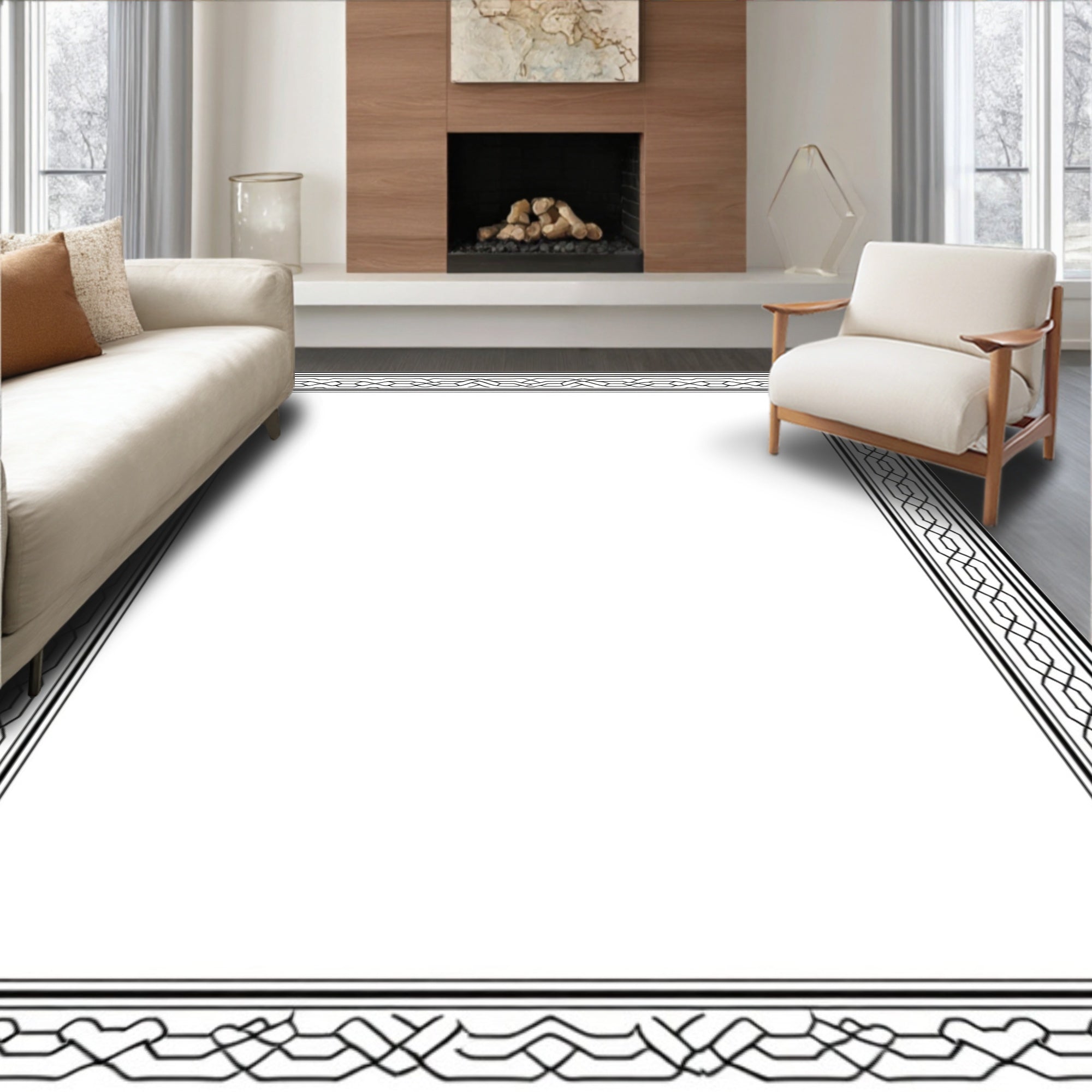 Black And White Interlocking Geometric Border Rug