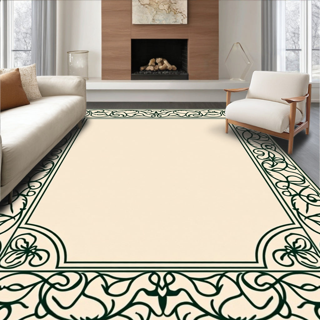 Dark Green Floral Vine Border Rug