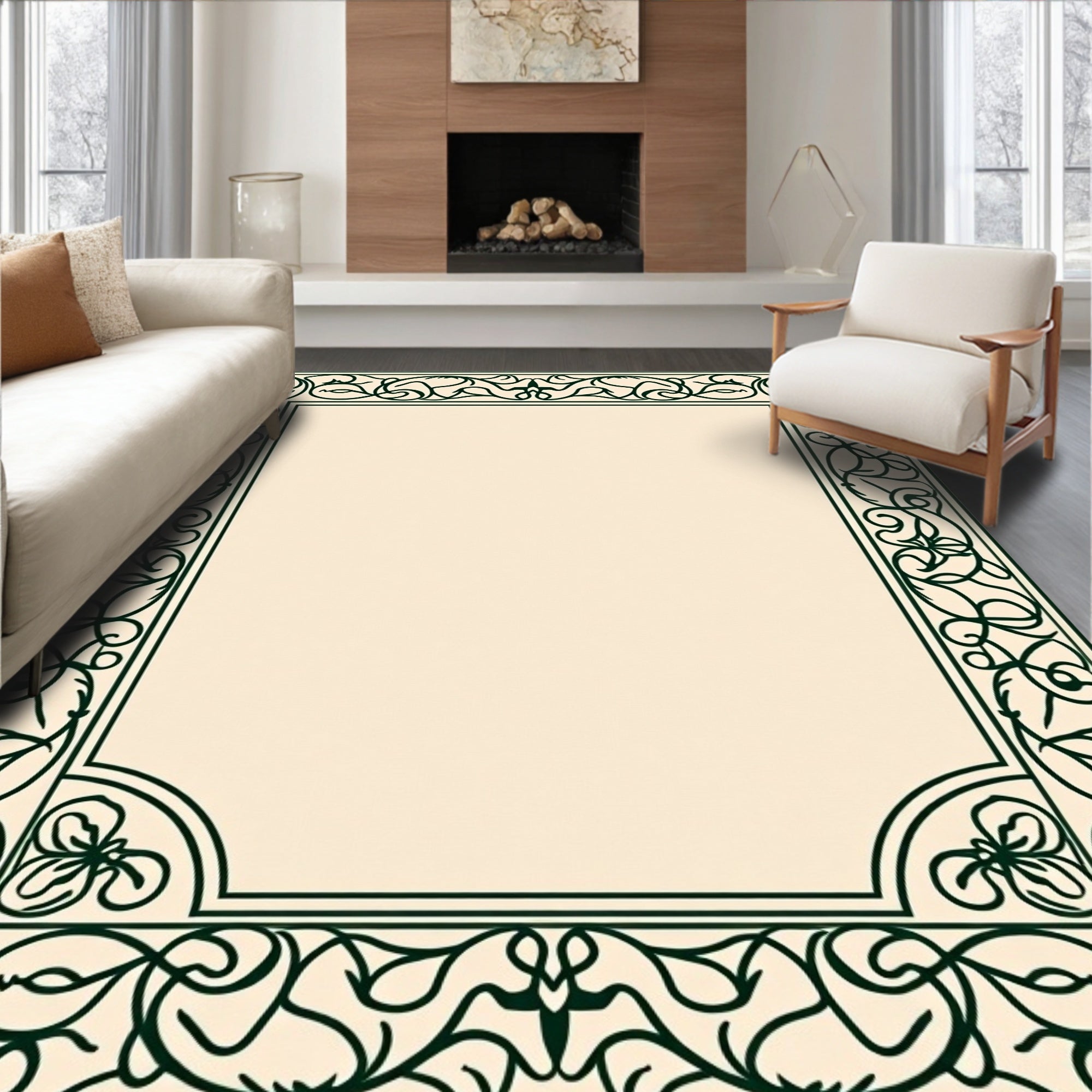 Dark Green Floral Vine Border Rug