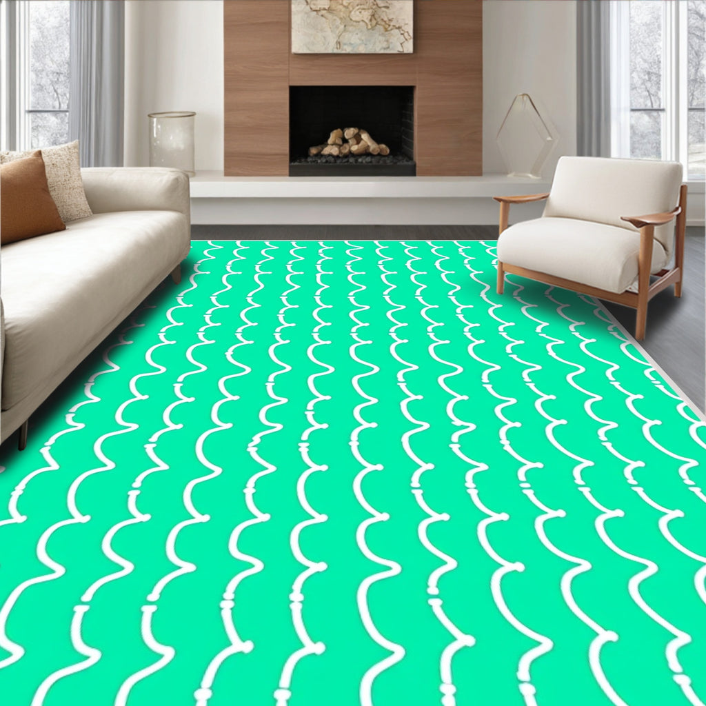 Bright Aqua White Wavy Stripes Rug