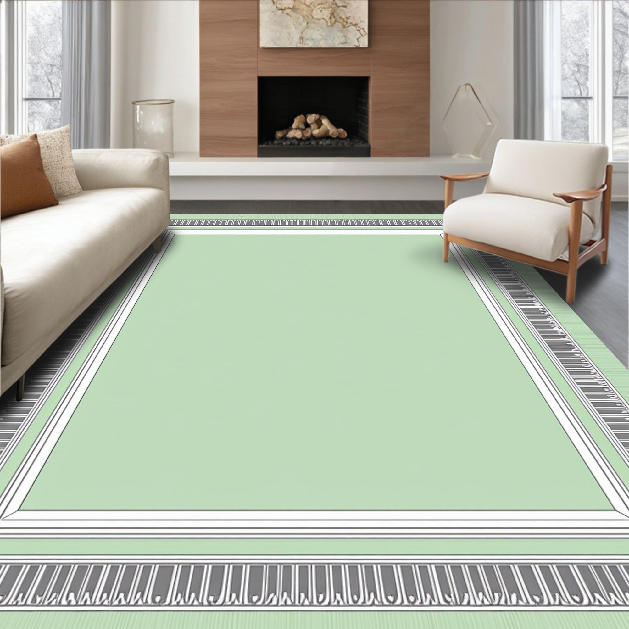 Soft Green Geometric Border Rug