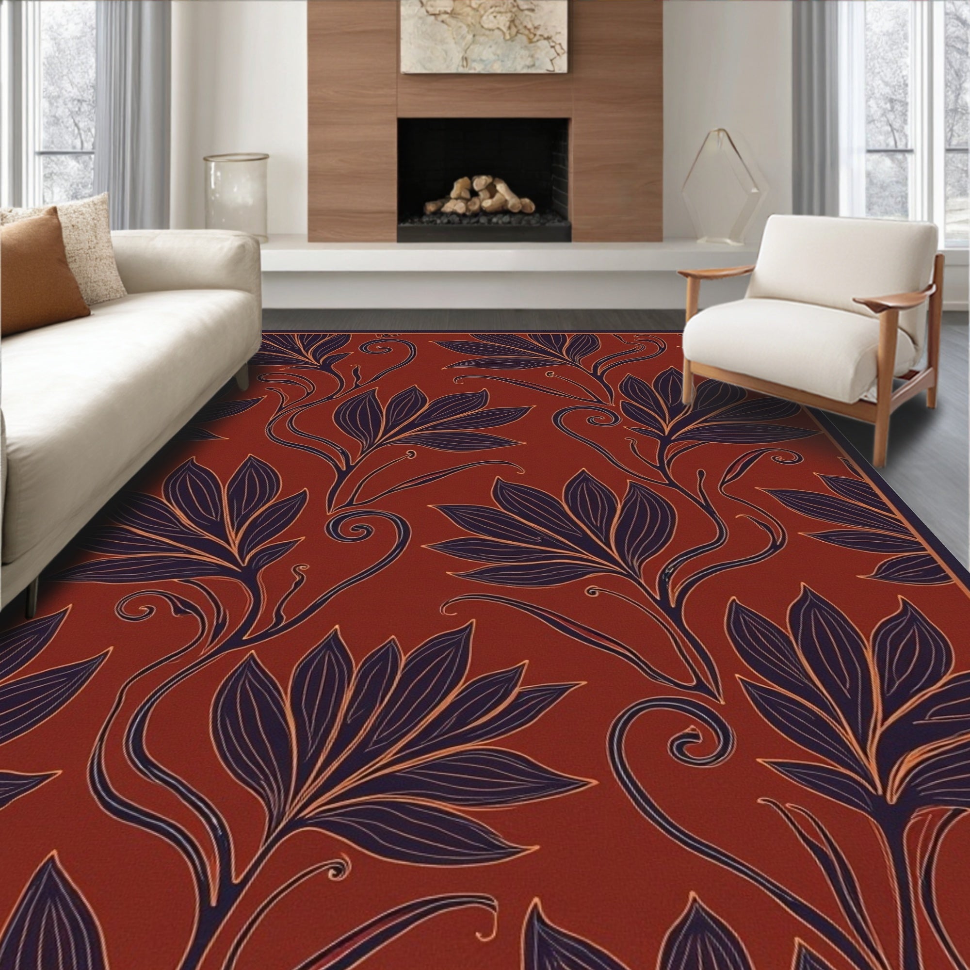 Art Nouveau Crimson Botanical Scroll Rug