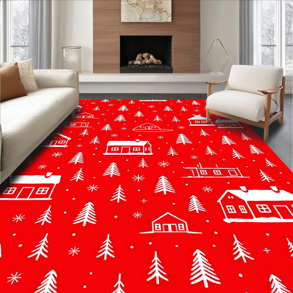 Winter Village Snowflakes Red White Rug