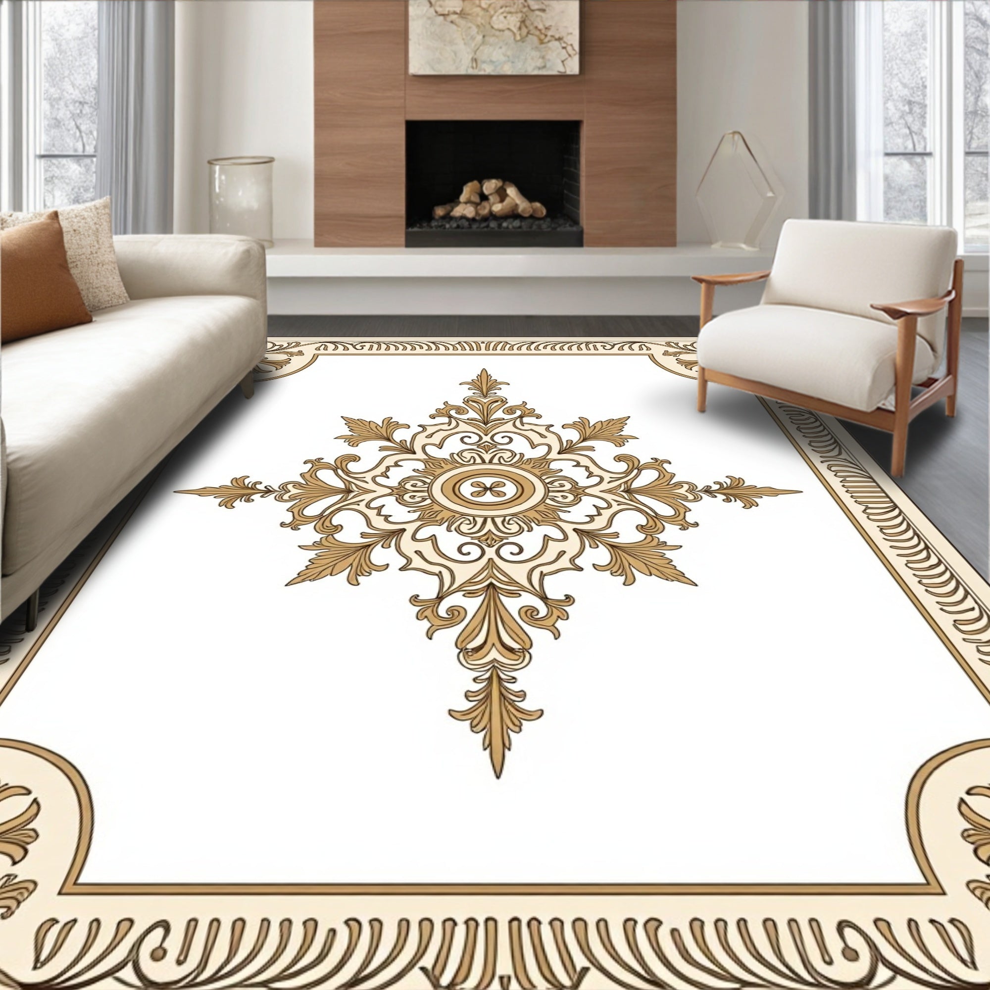 Ornate Gold Scrollwork Centerpiece Frame Rug