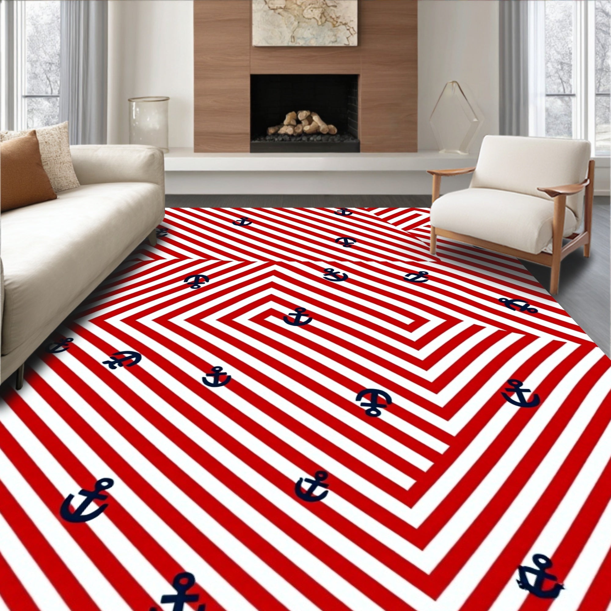 Nautical Red White Striped Anchor Rug