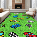 Whimsical Racing Cars Green Swirls Rug