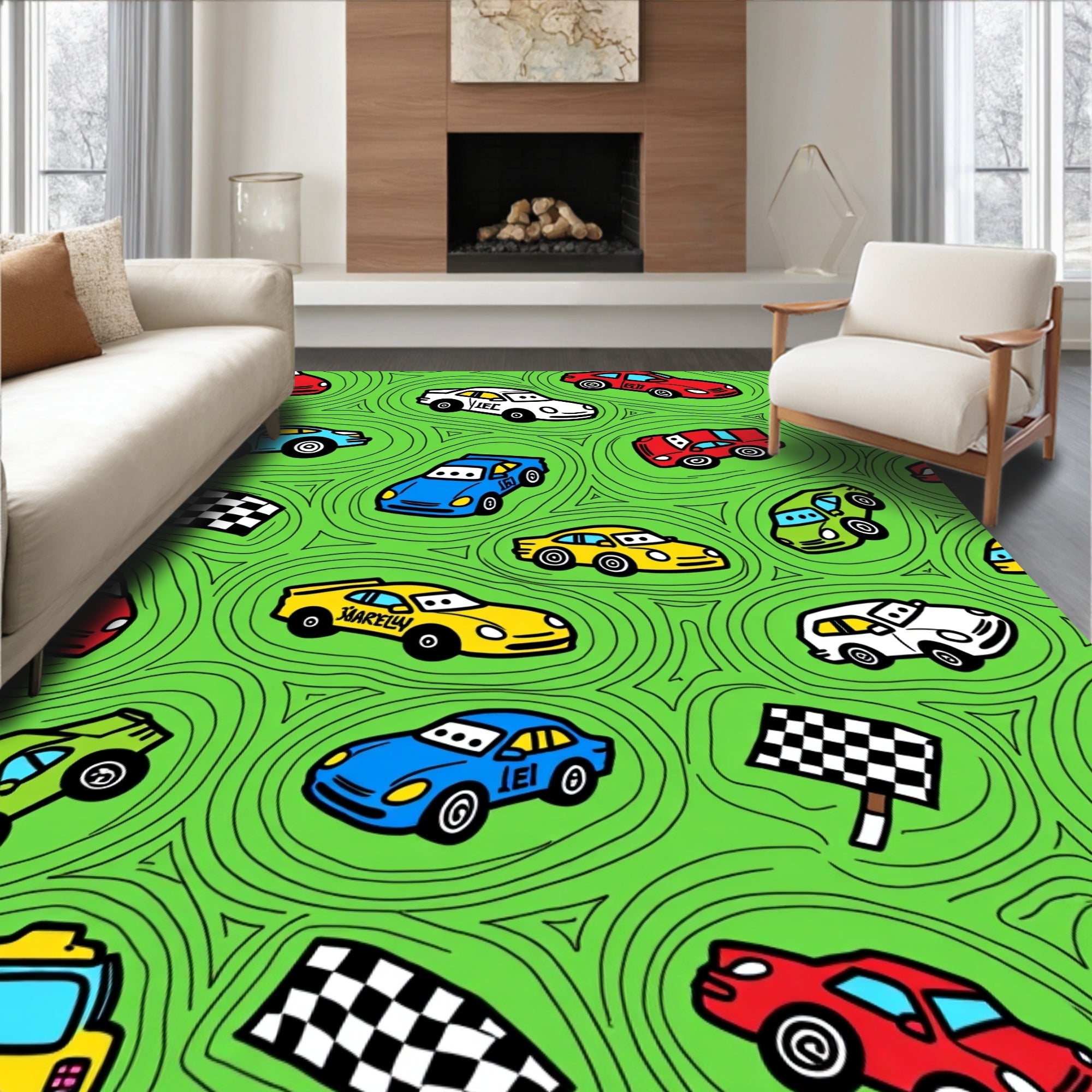 Whimsical Racing Cars Green Swirls Rug