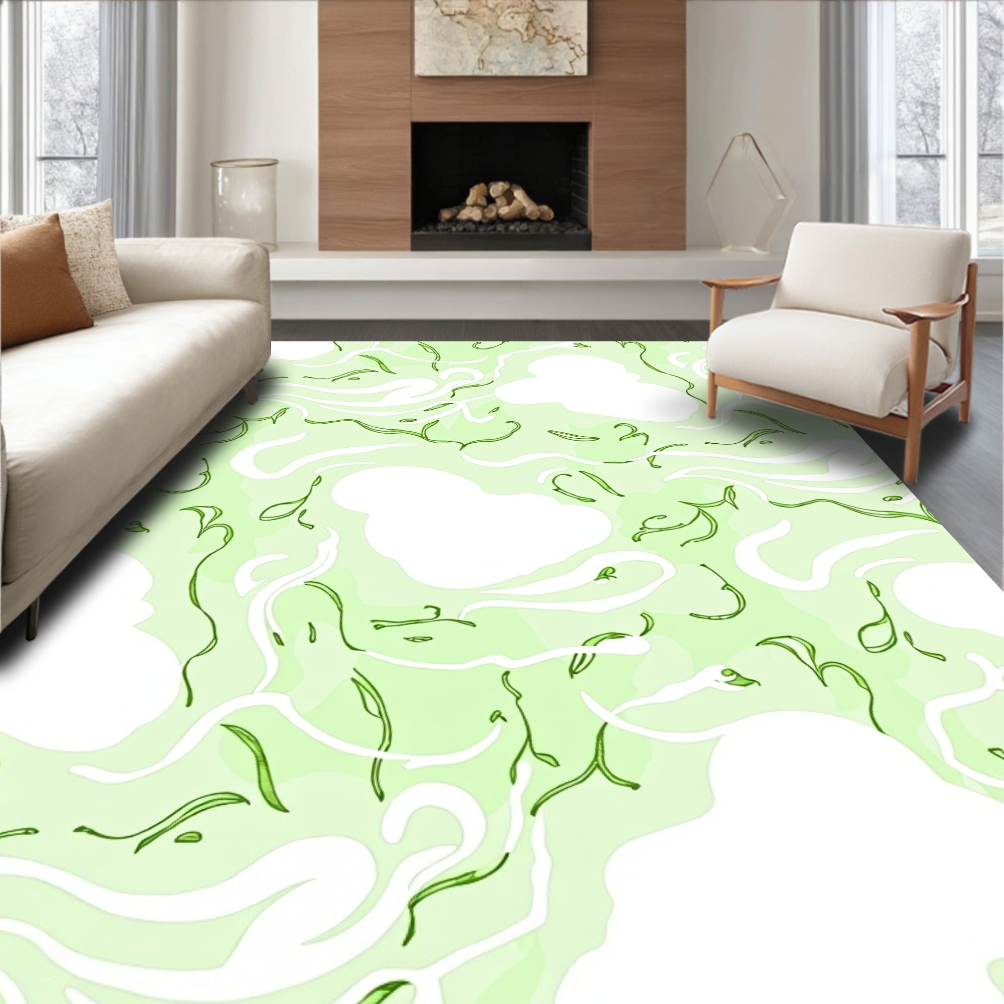 Abstract Green Fern Swirl Composition Rug