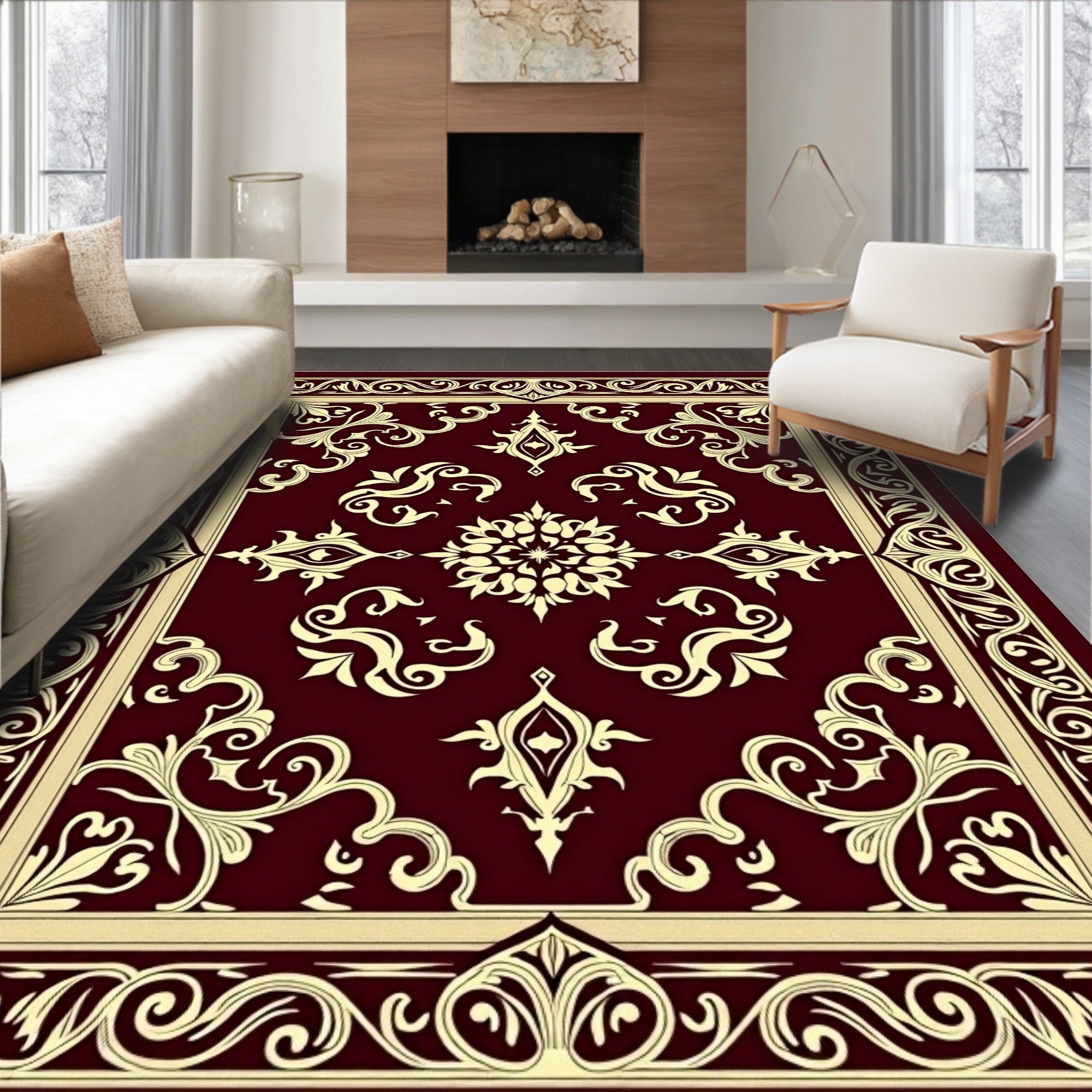 Deep Red Cream Floral Medallion Border Rug