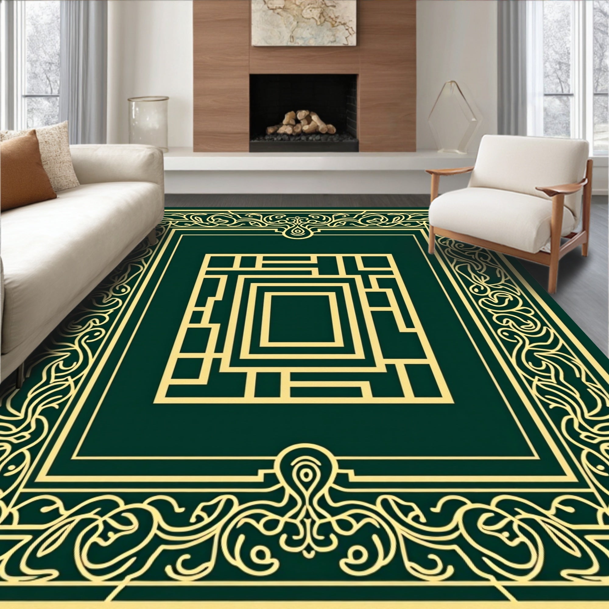 Emerald Green Abstract Geometric Frame Rug