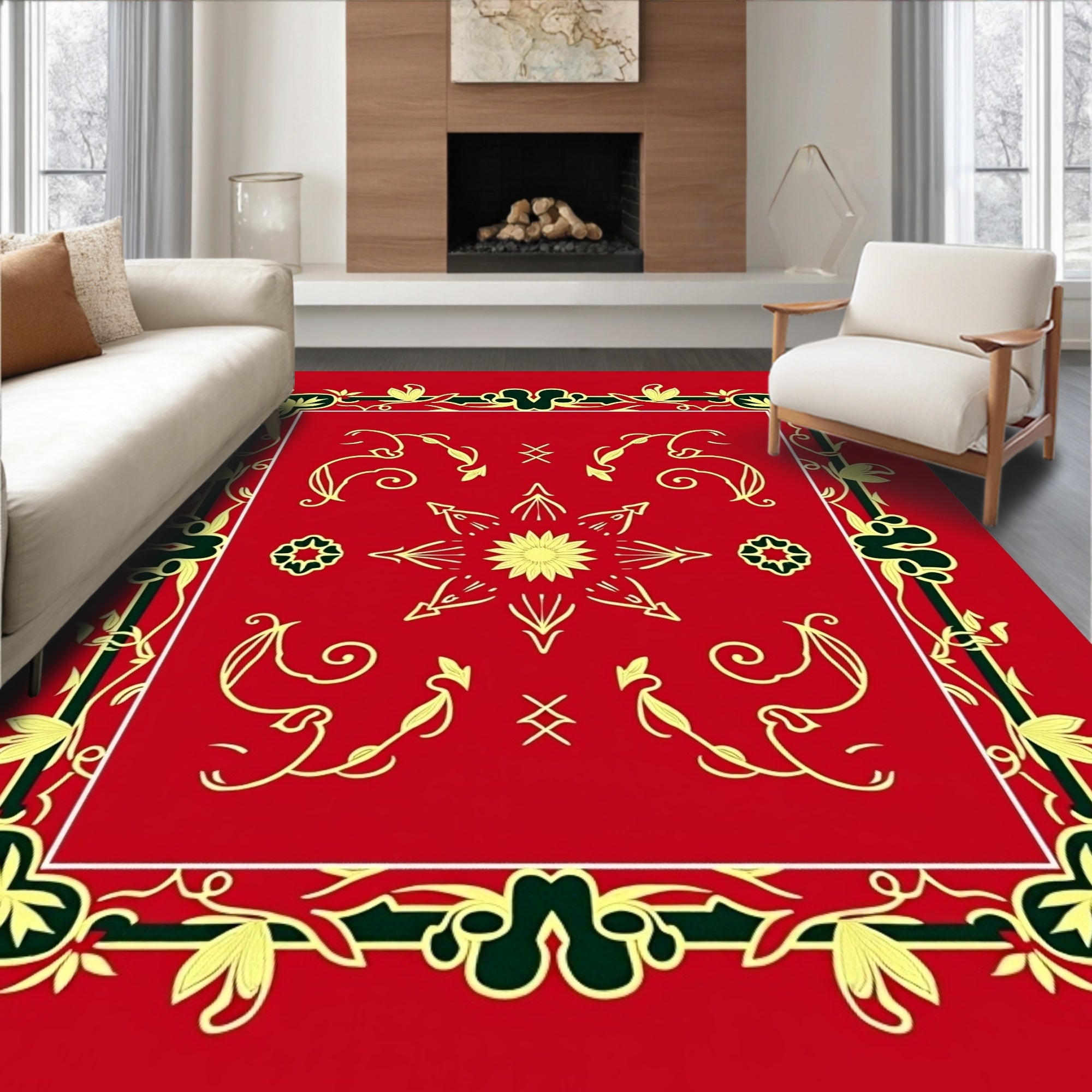 Rich Red Floral Vine Medallion Rug
