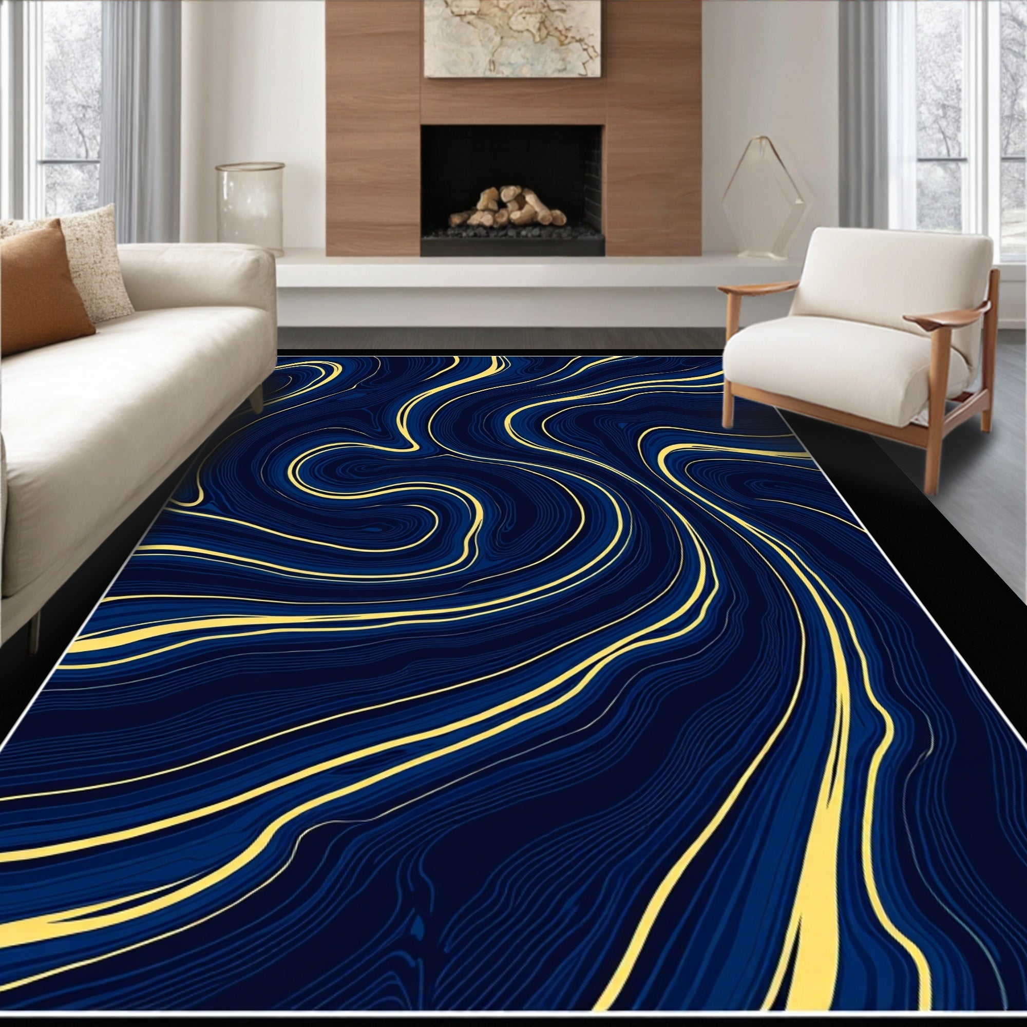 Deep Blue Golden Swirl Abstract Rug