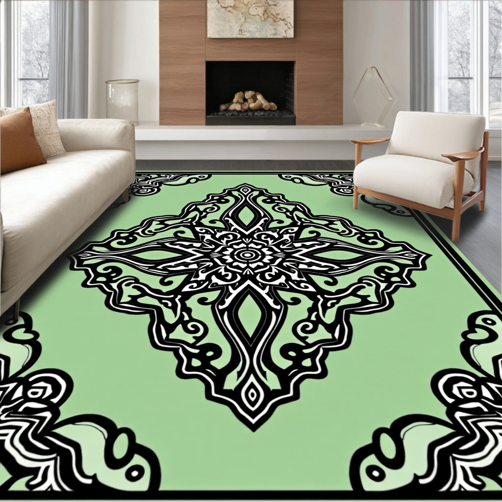 Light Green Black Ornate Medallion Rug