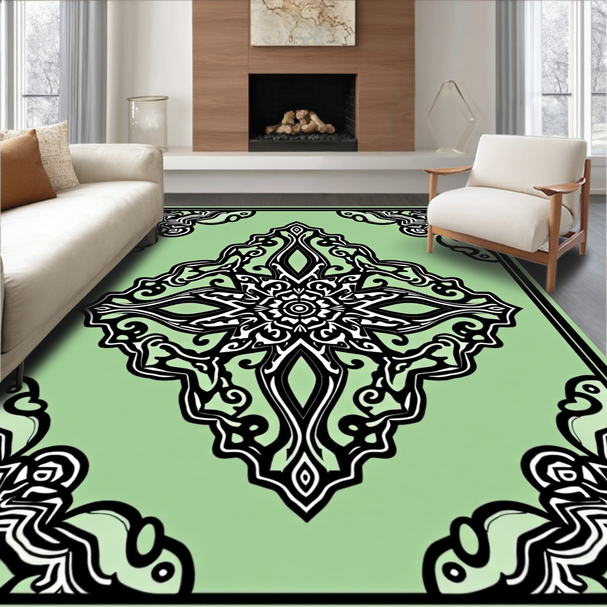 Light Green Black Ornate Medallion Rug