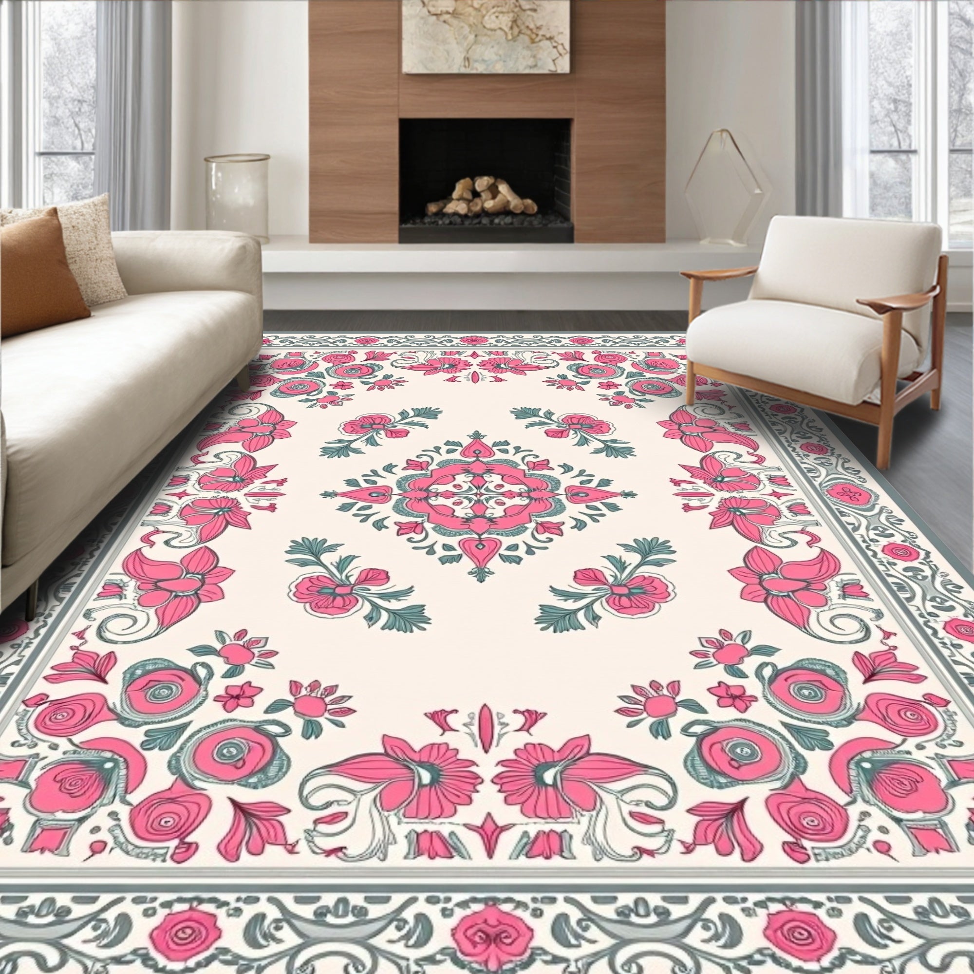 Pink Floral Medallion Vintage Border Rug