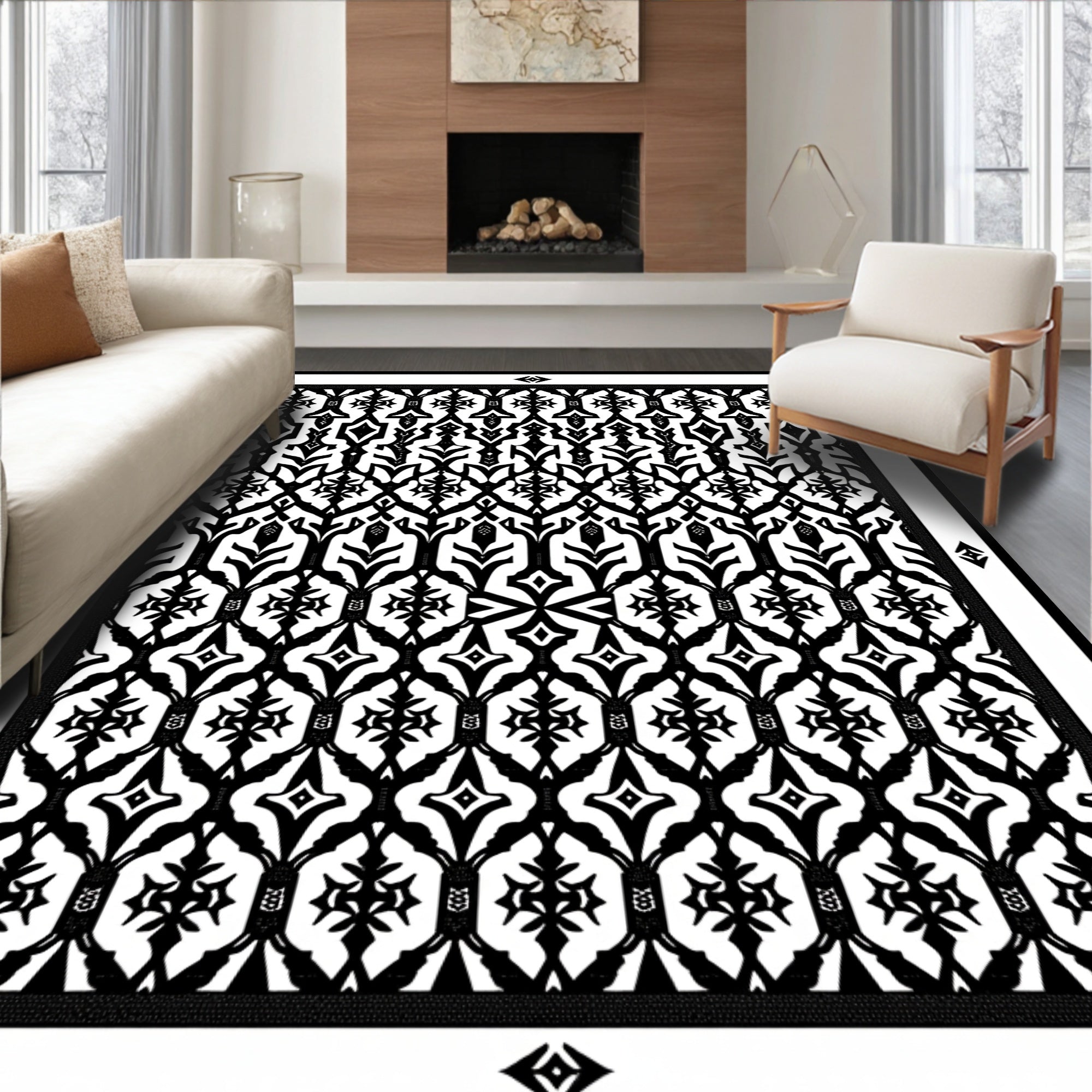 Black White Ornamental Lattice Rug