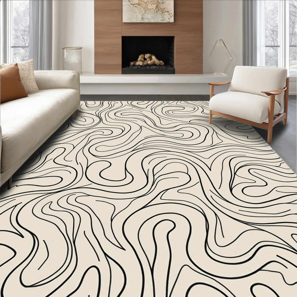 Cream Black Swirling Wavy Lines Rug