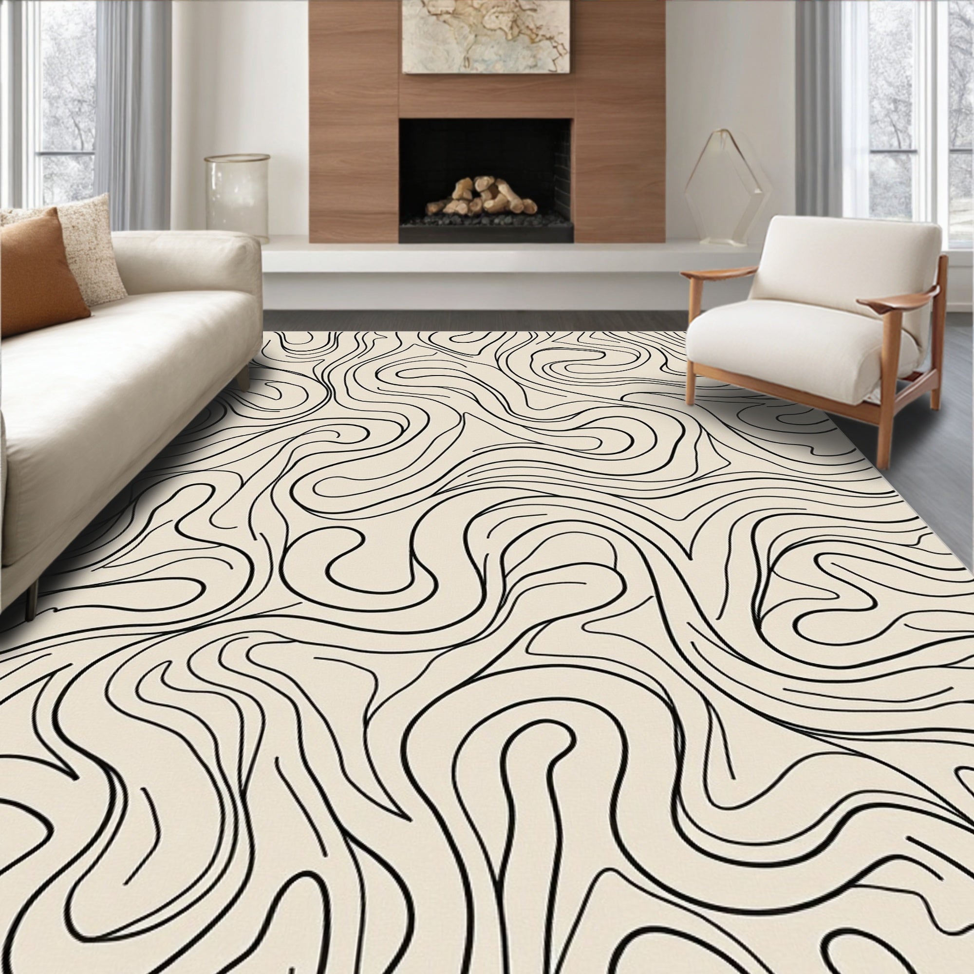 Cream Black Swirling Wavy Lines Rug