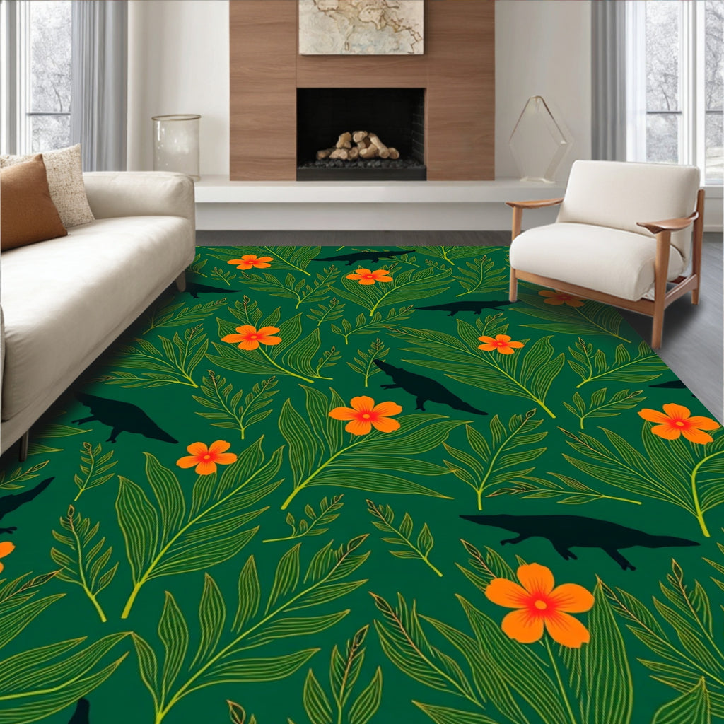 Dark Teal Alligator Orange Blossom Jungle Rug