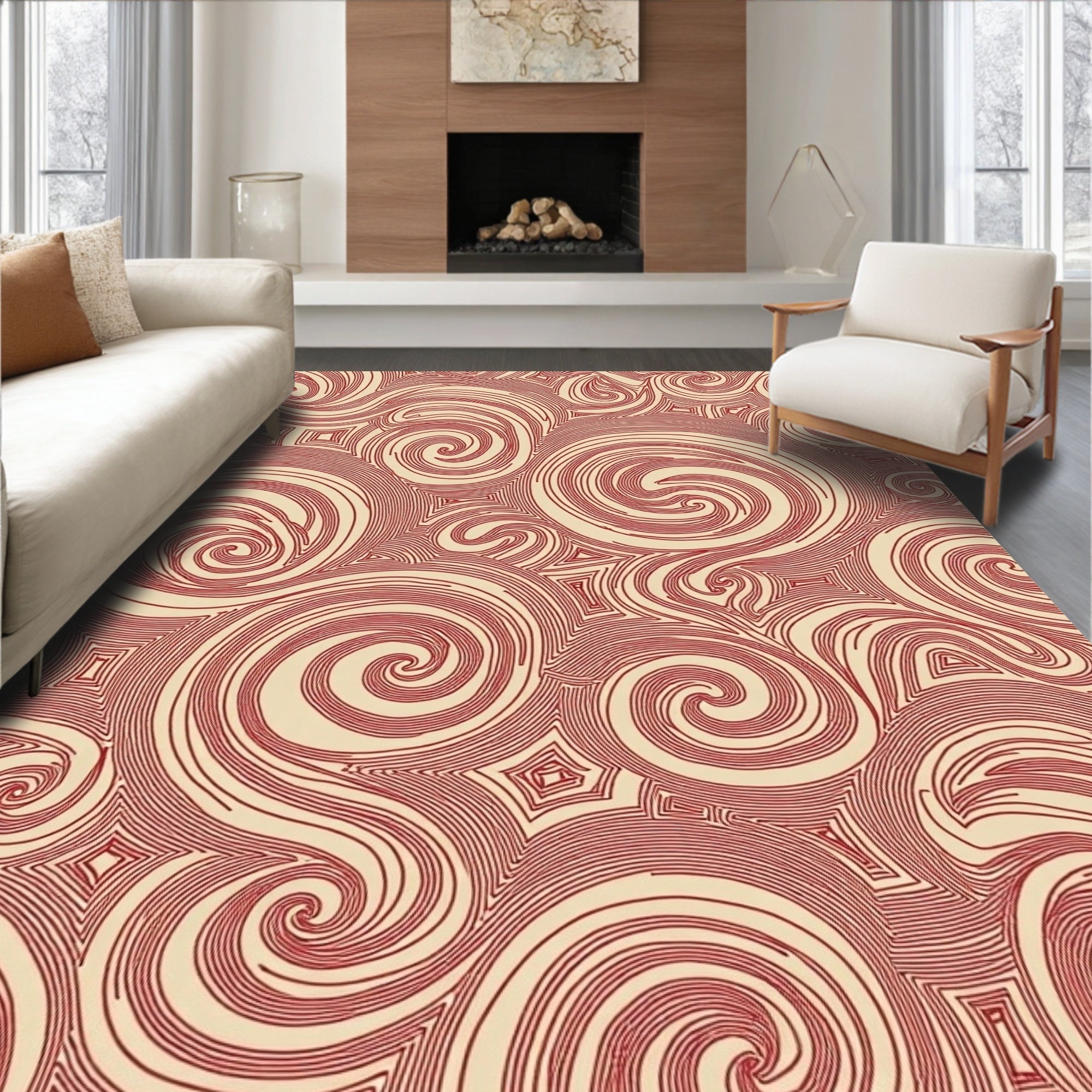 Crimson Swirl Abstract Geometric Rug