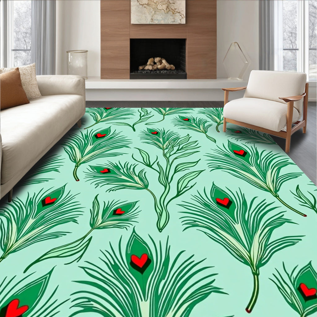 Green Peacock Feathers Red Hearts Rug