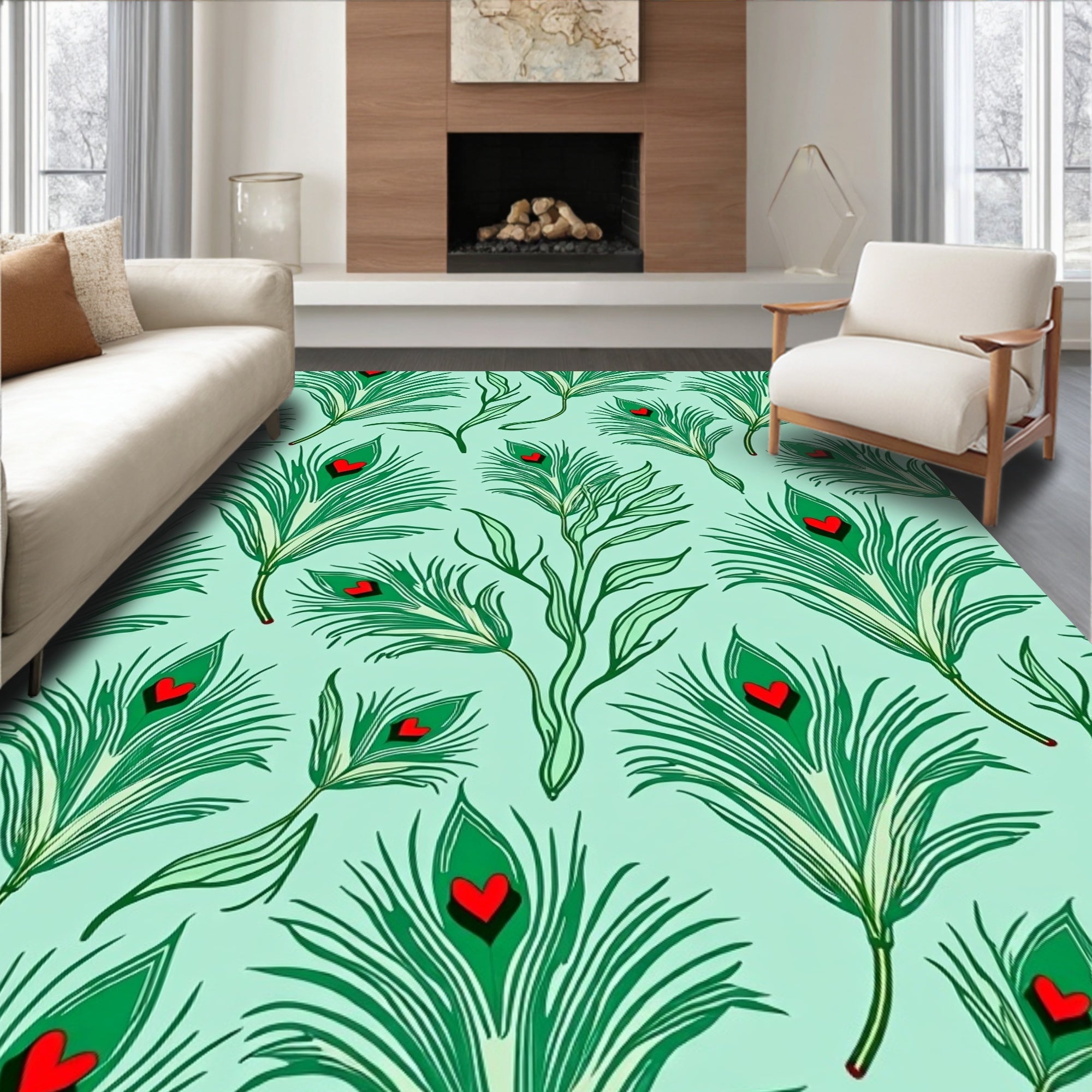 Green Peacock Feathers Red Hearts Rug