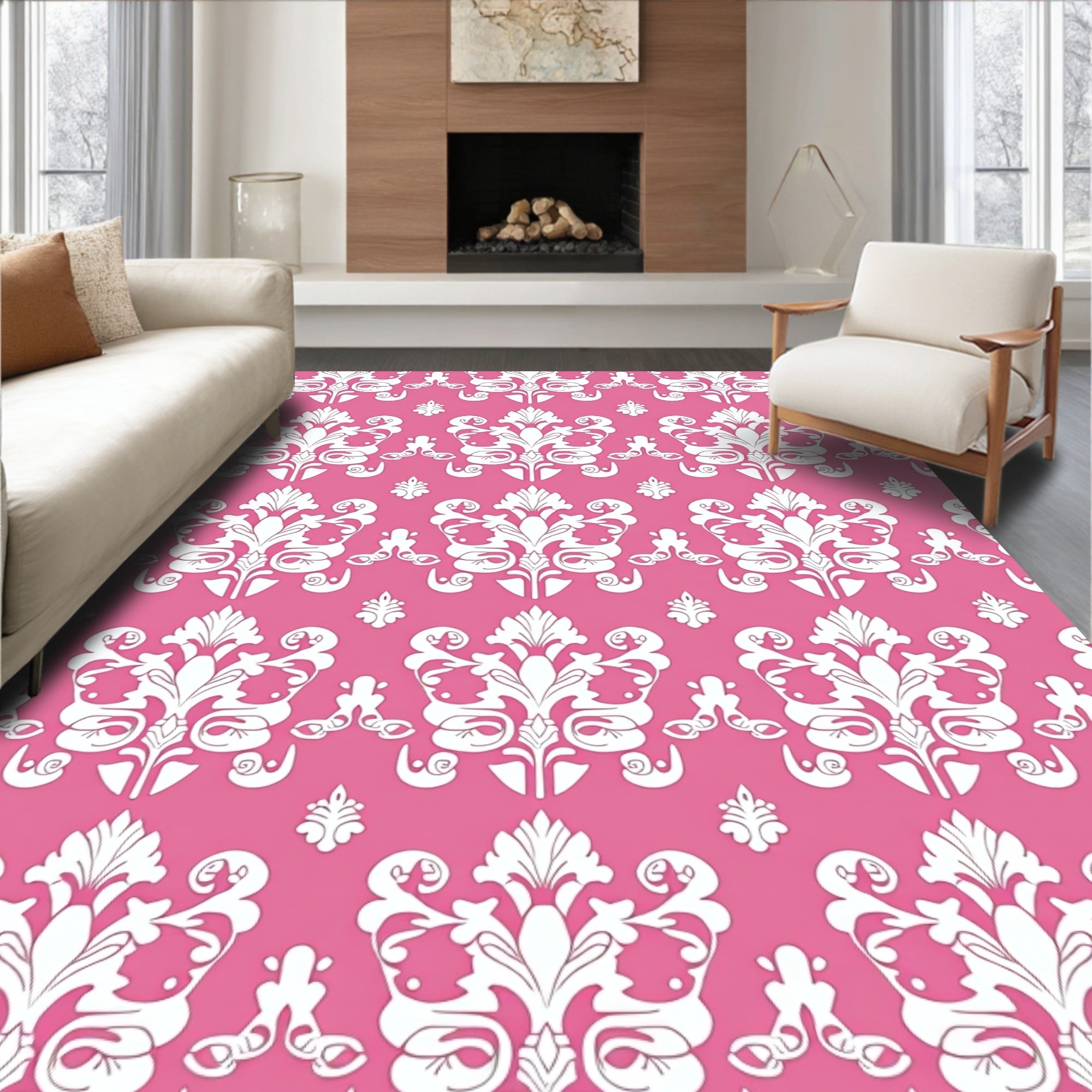 Pink floral damask classic repeat Rug