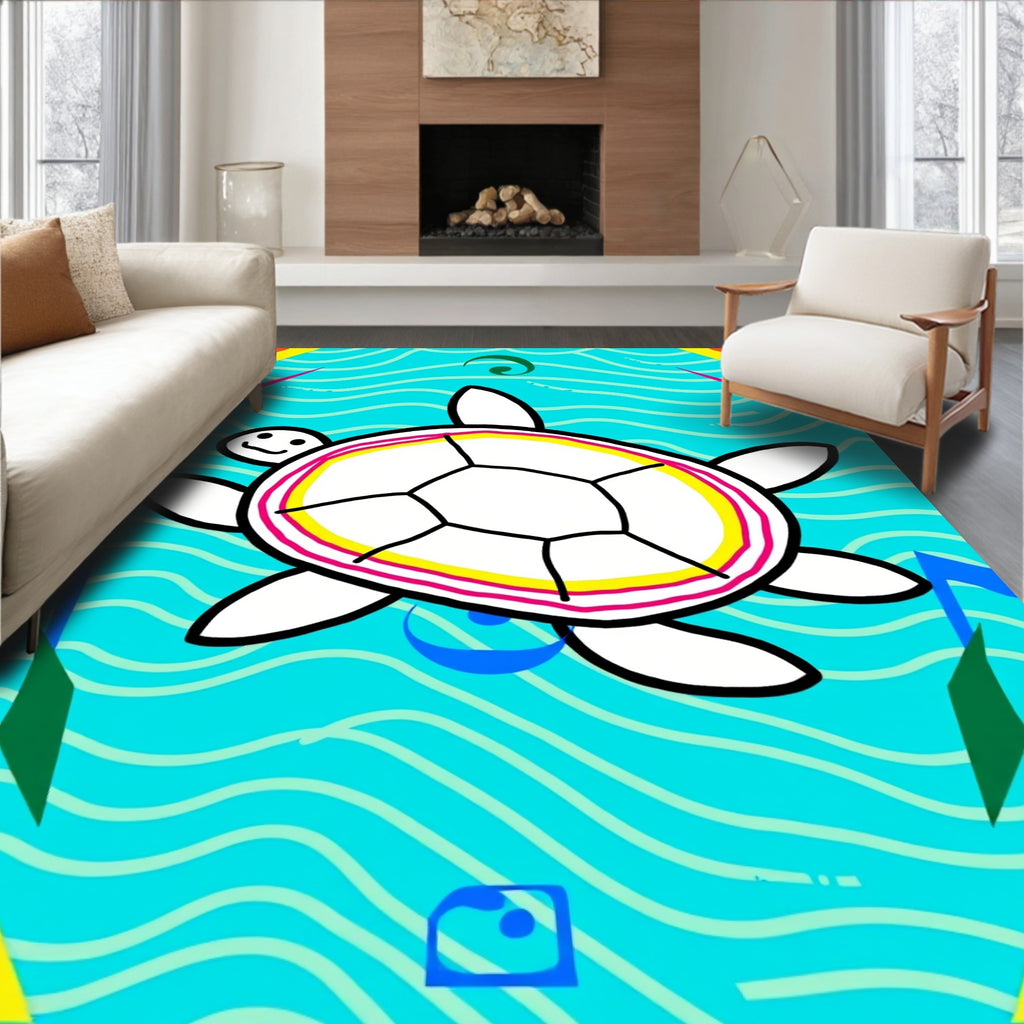 Whimsical White Turtle Ocean Waves Rug