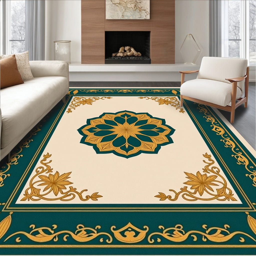Deep Teal Golden Floral Medallion Rug
