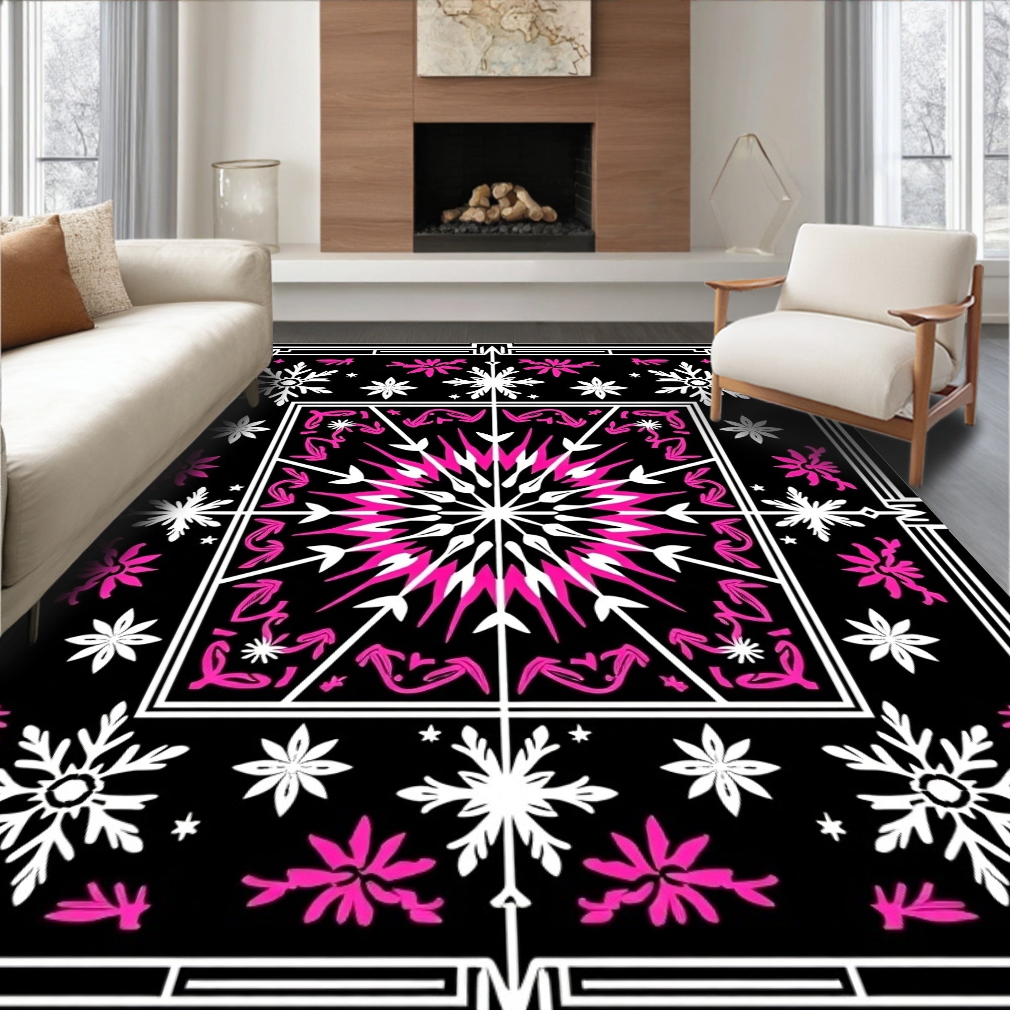 Hot Pink Snowflake Mandala Black Rug