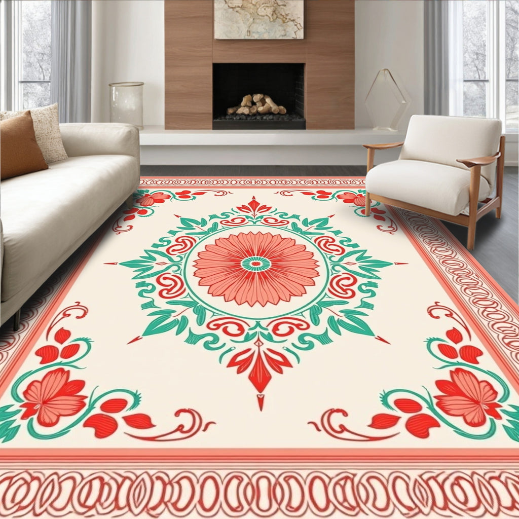 Coral Teal Floral Medallion Border Rug