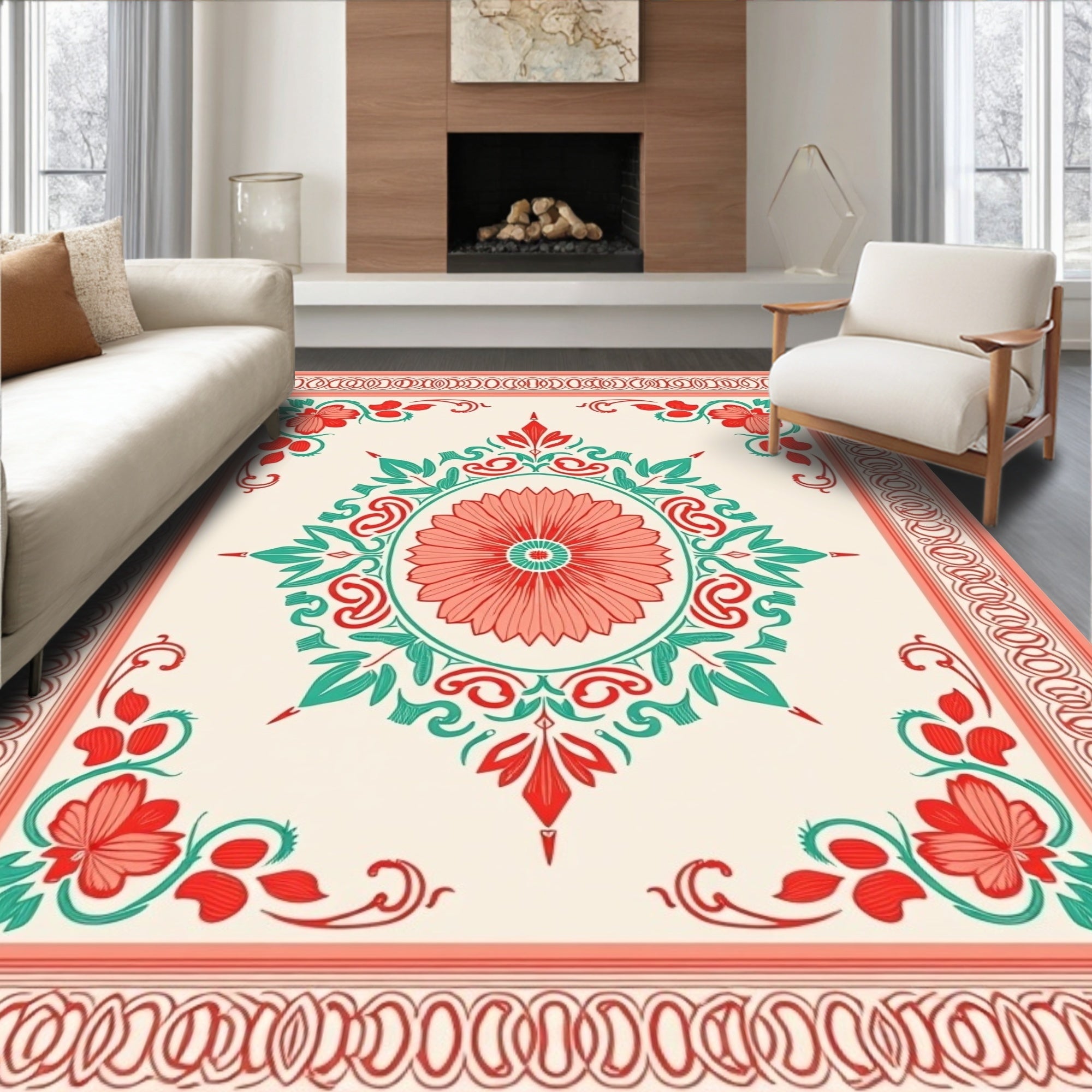Coral Teal Floral Medallion Border Rug