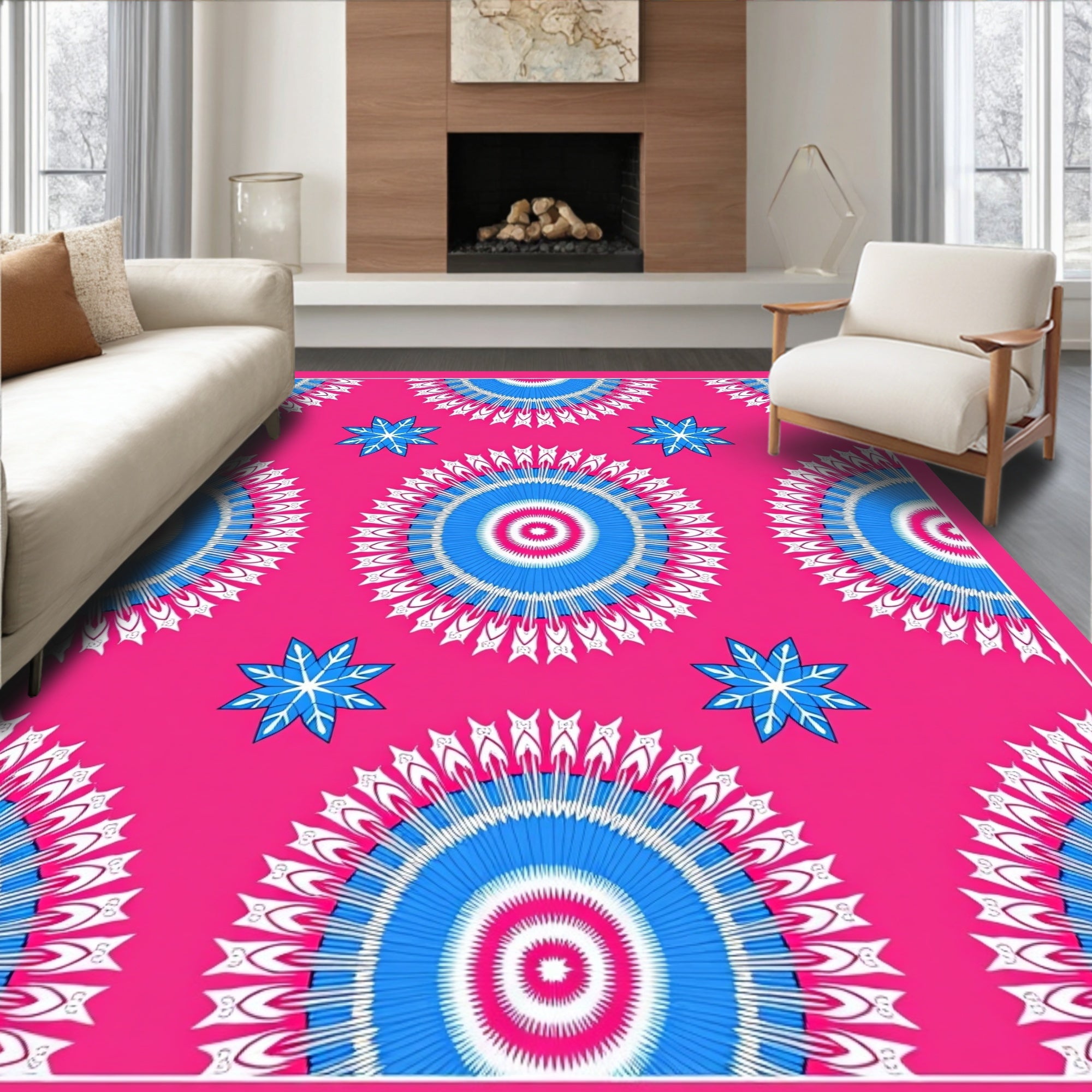 Radiant Pink Blue Sunburst Mandala Rug