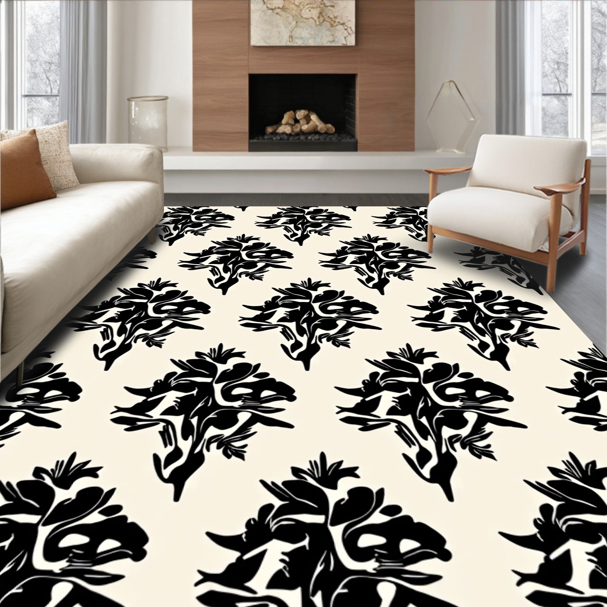 Black Cream Abstract Floral Medallion Rug