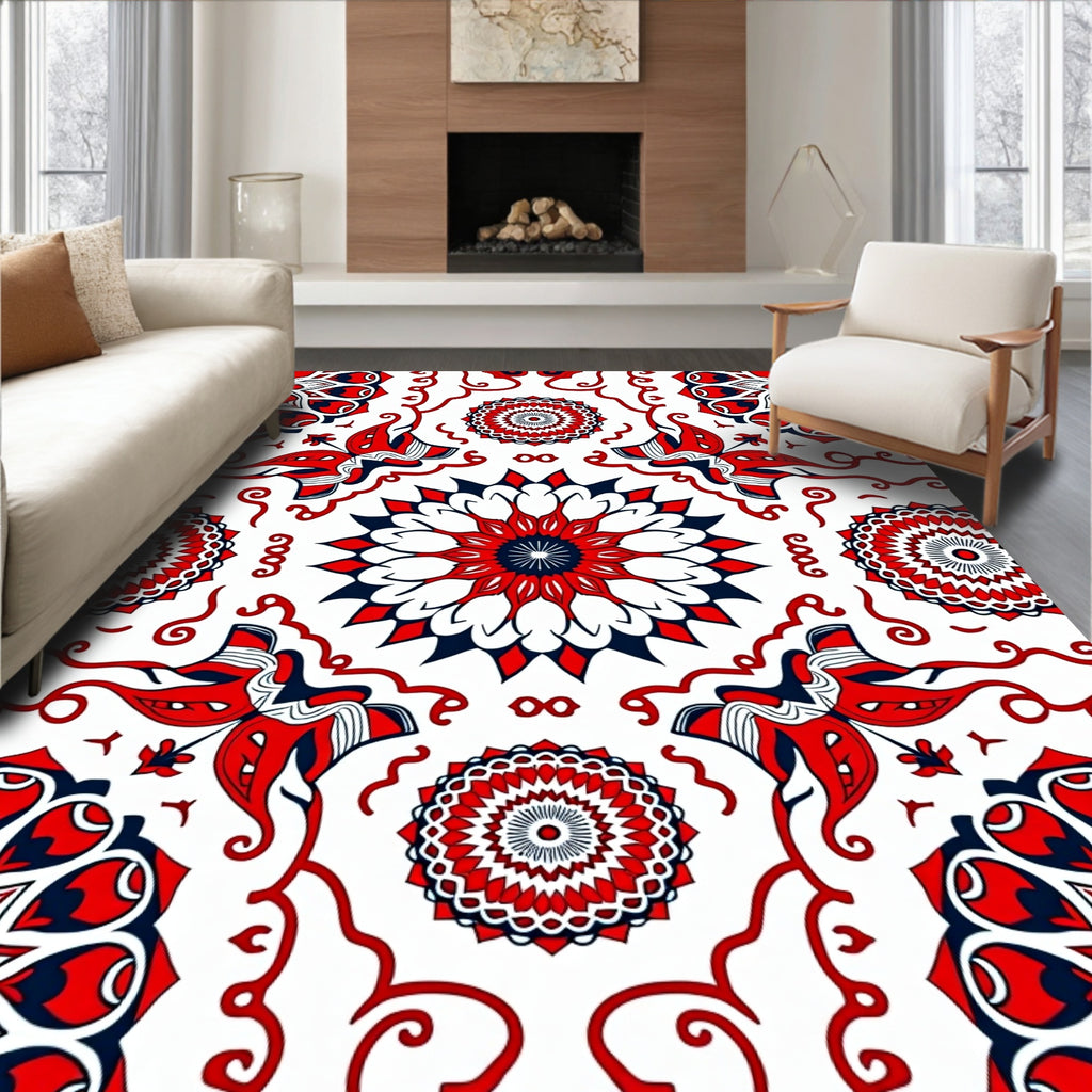 Red Blue White Floral Mandala Arrangement Rug