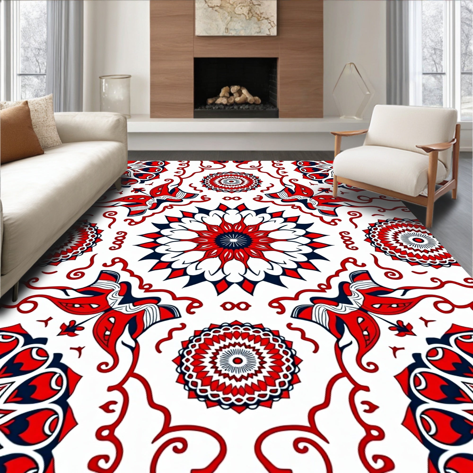 Red Blue White Floral Mandala Arrangement Rug