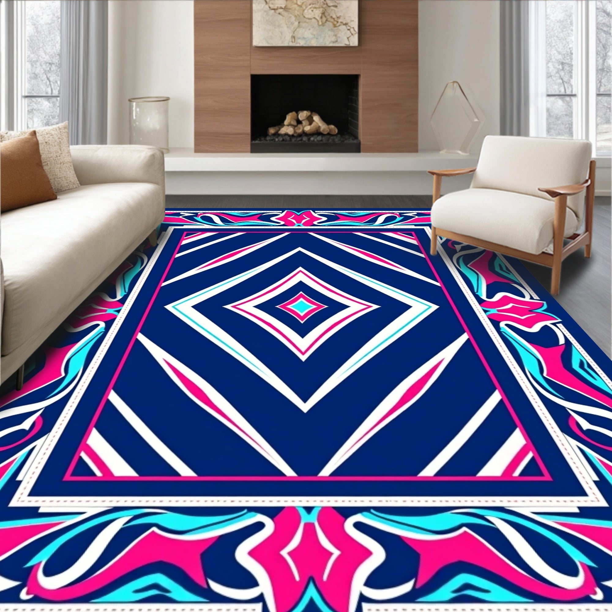 Bold Blue Fuchsia Abstract Diamond Rug