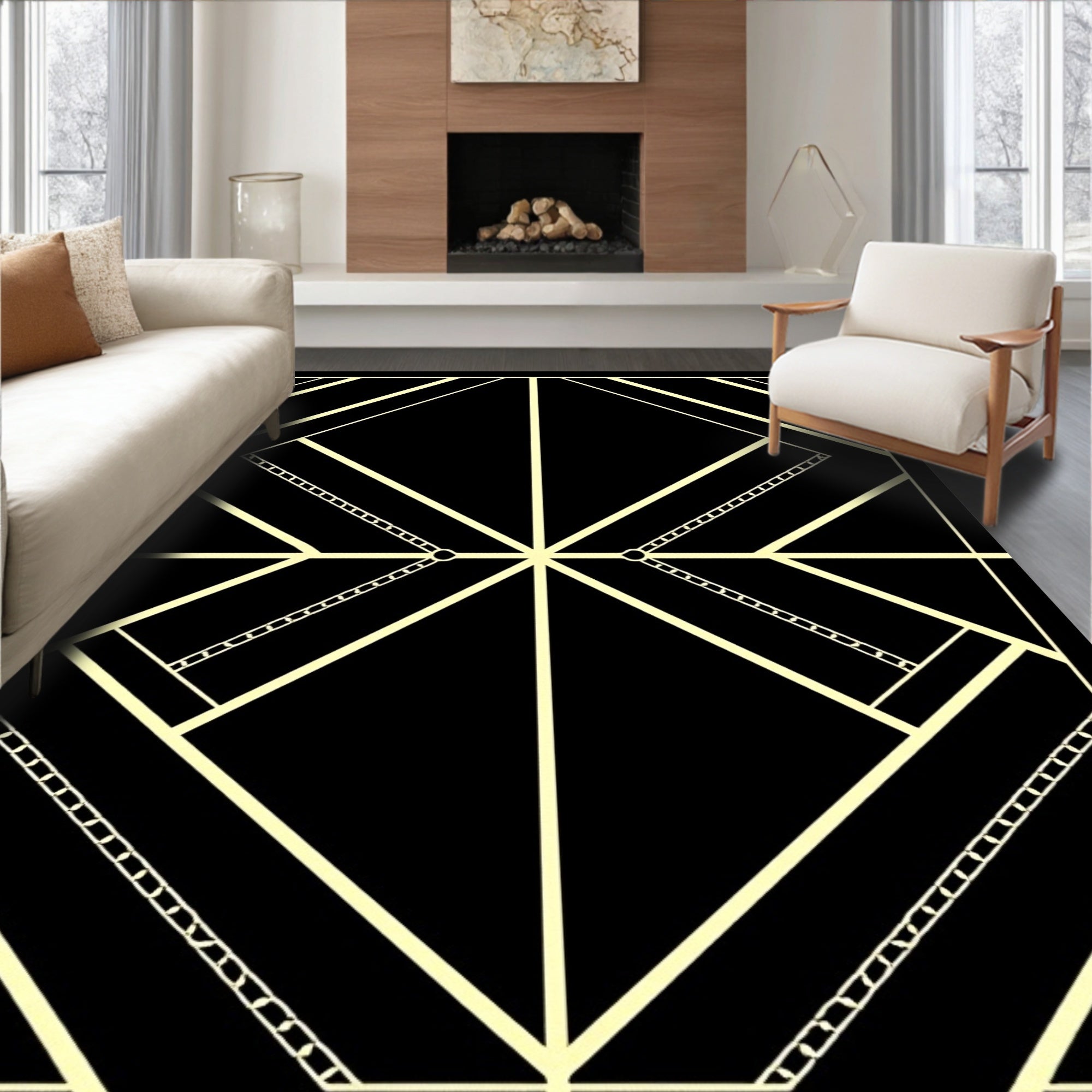 Art Deco Black Geometric Rays Rug