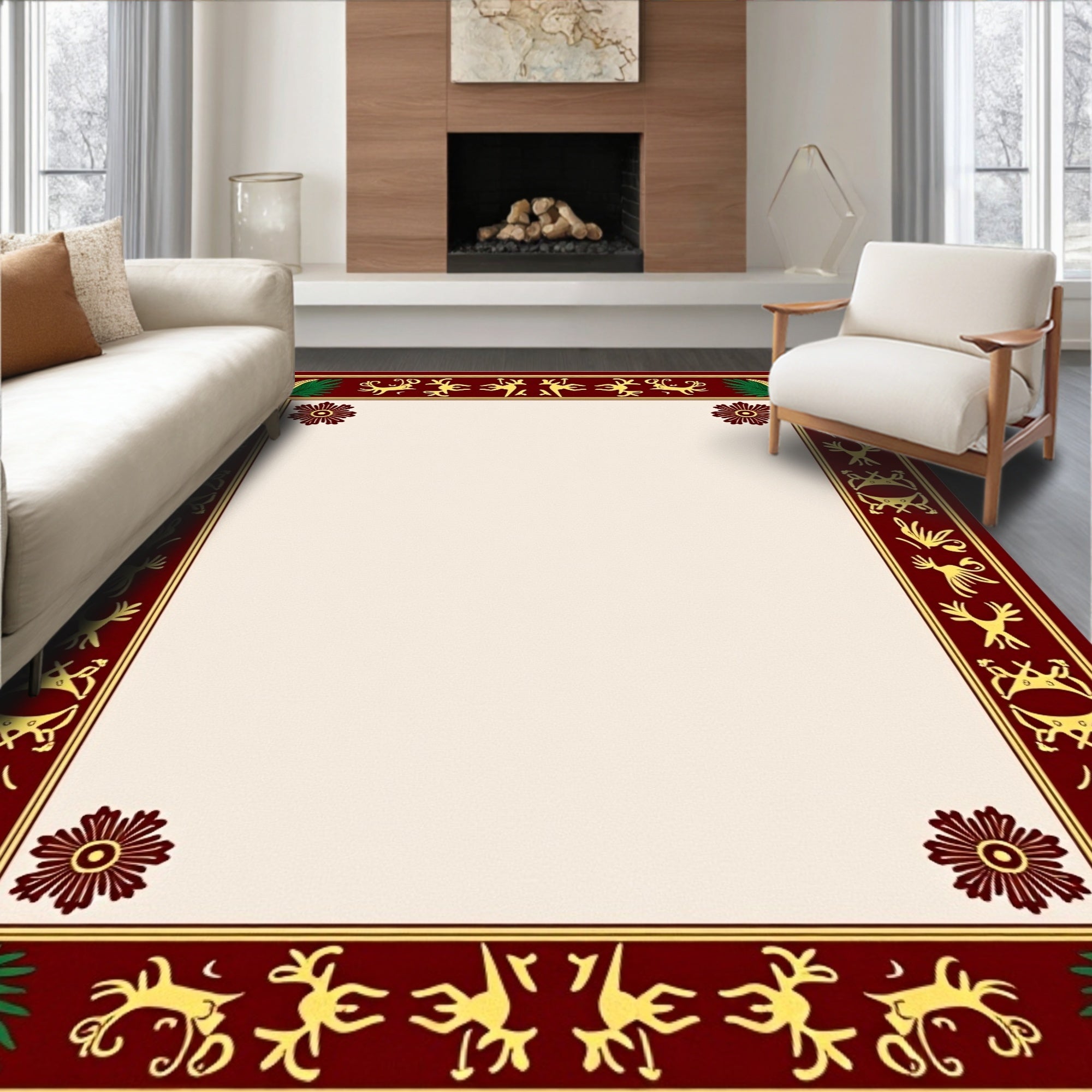 Rich Burgundy Tribal Animal Border Rug