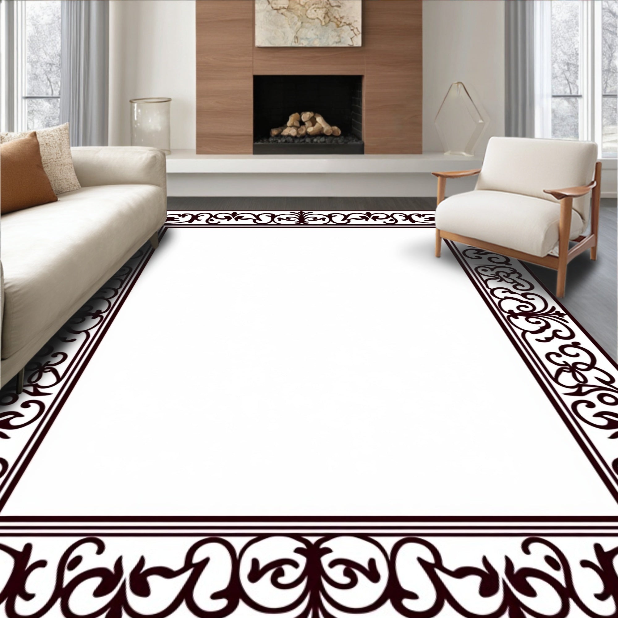 Ornate Deep Brown Scrollwork Border Rug
