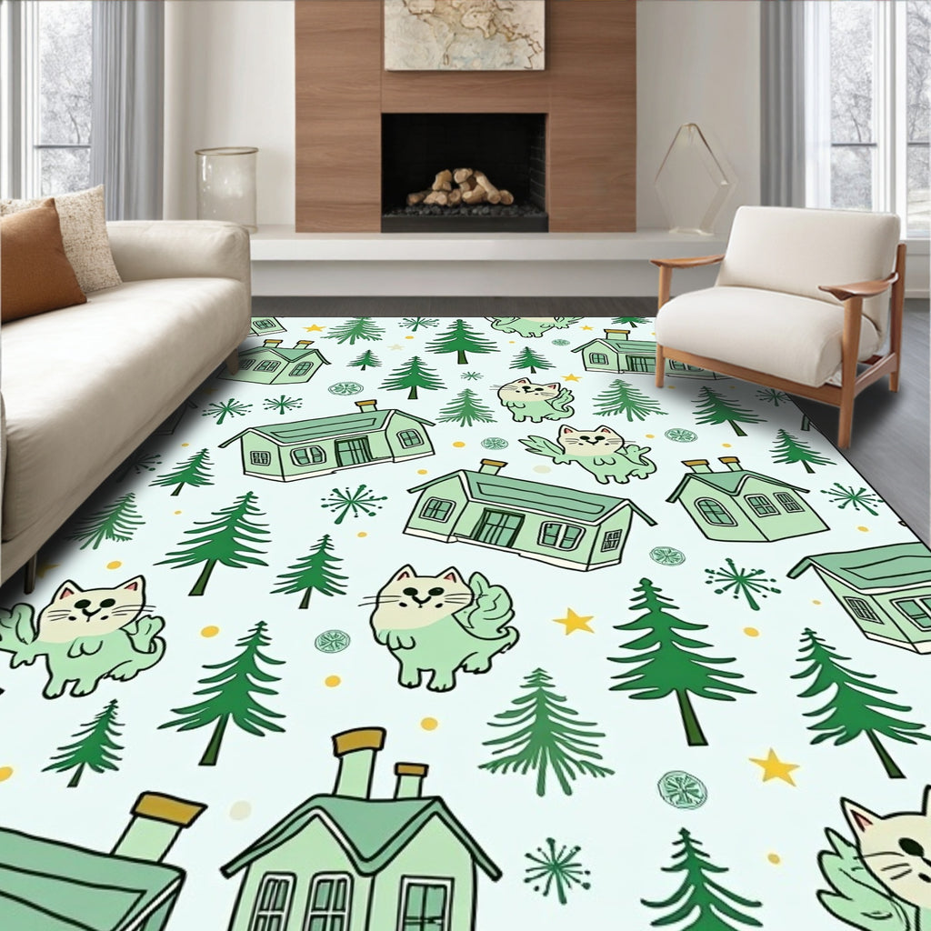 Whimsical Green Houses Flying Cats Woodland Rug