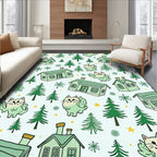 Whimsical Green Houses Flying Cats Woodland Rug