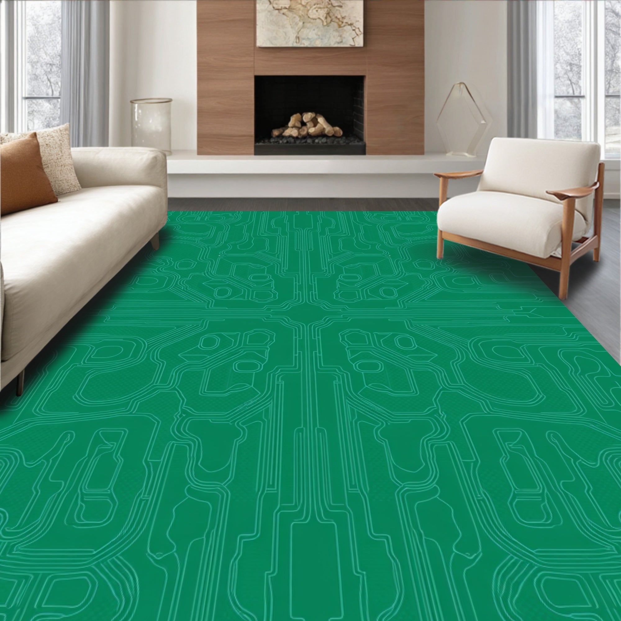 Emerald Green Tech Circuit Pathway Rug