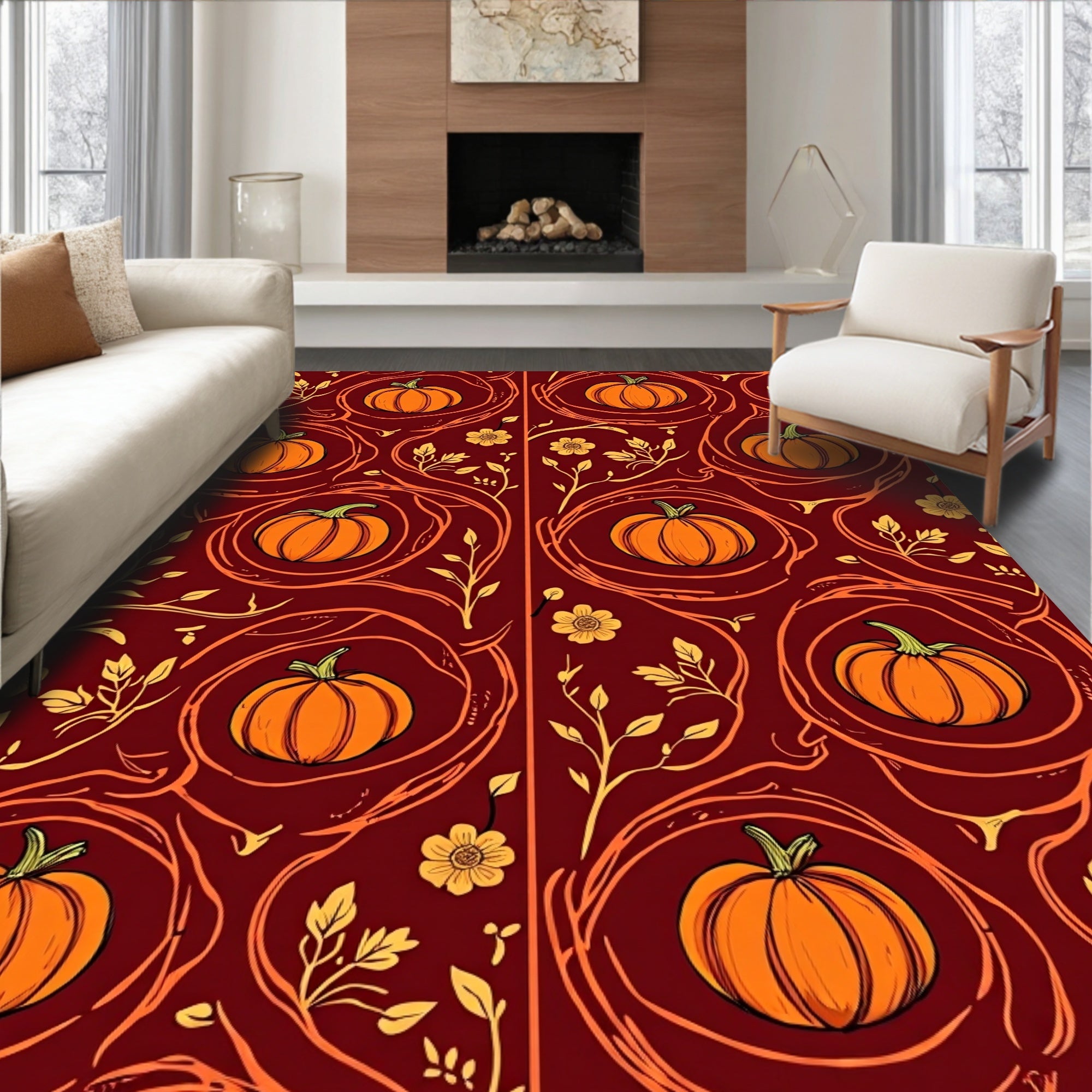 Autumn Pumpkin Vine Floral Arrangement Rug