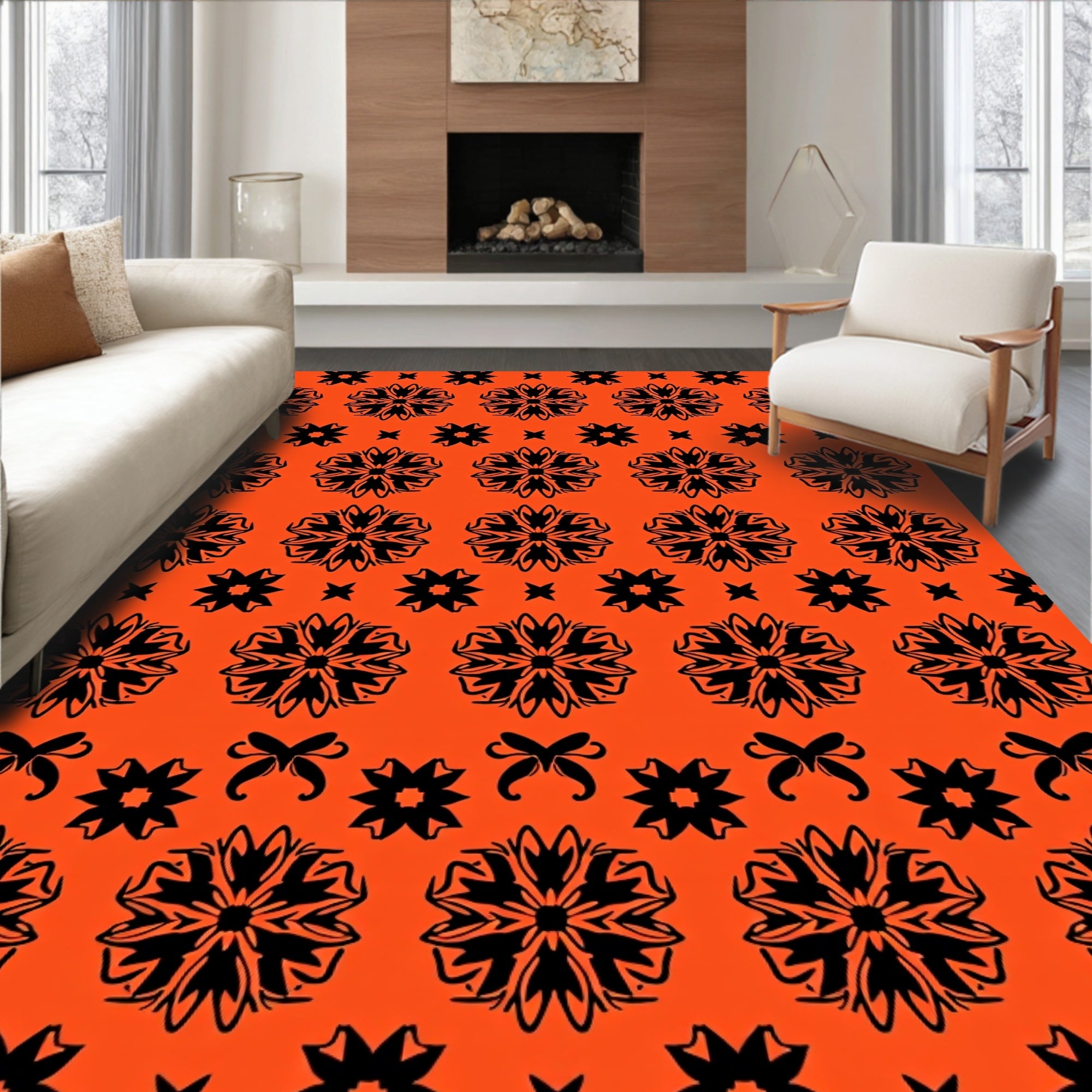 Bold Black Starburst Orange Rug
