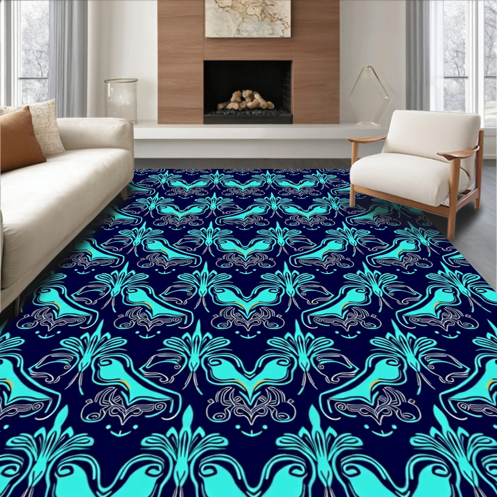 Deep Blue Teal Ornamental Flock Rug