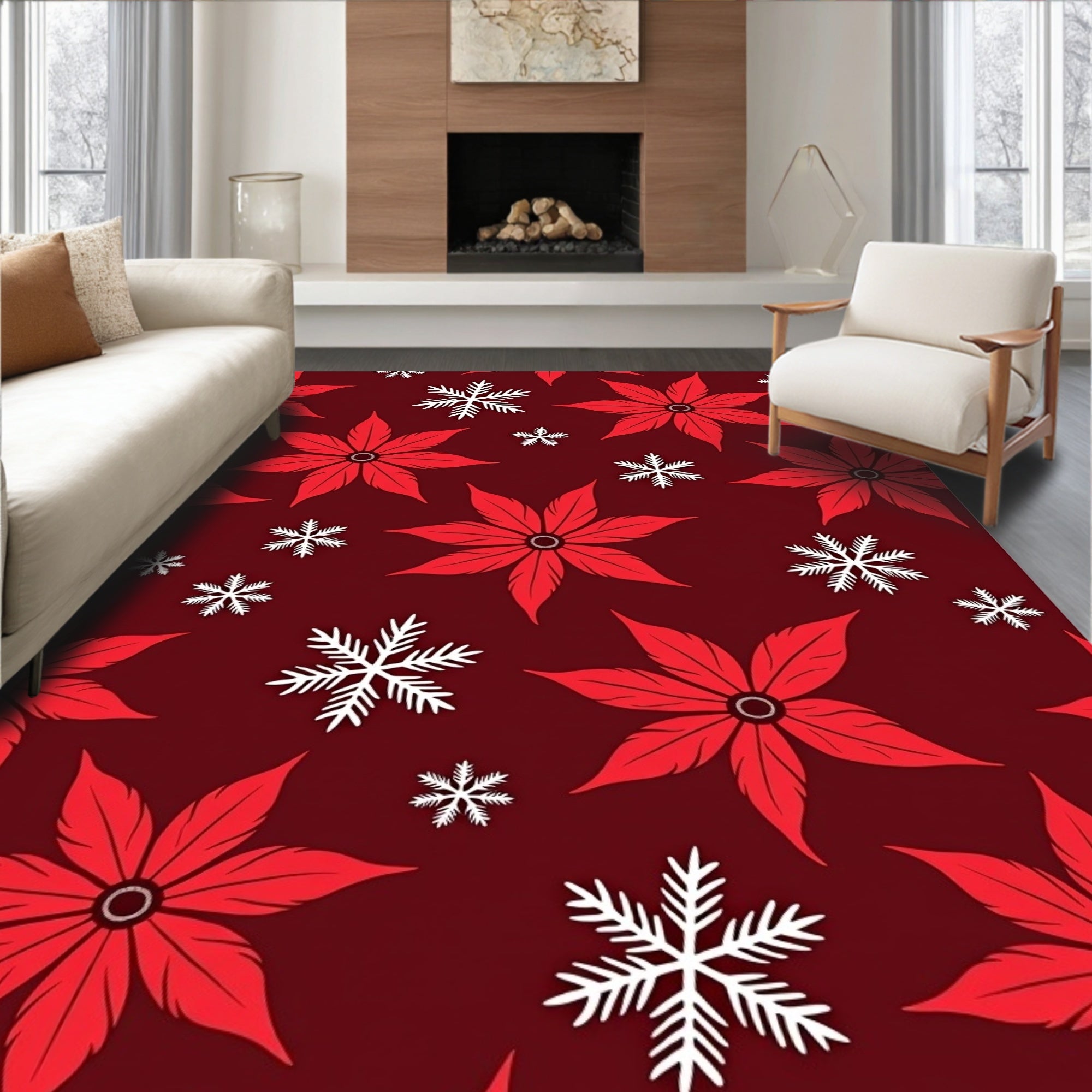 Bold Red Poinsettia Snowflake Shower Rug