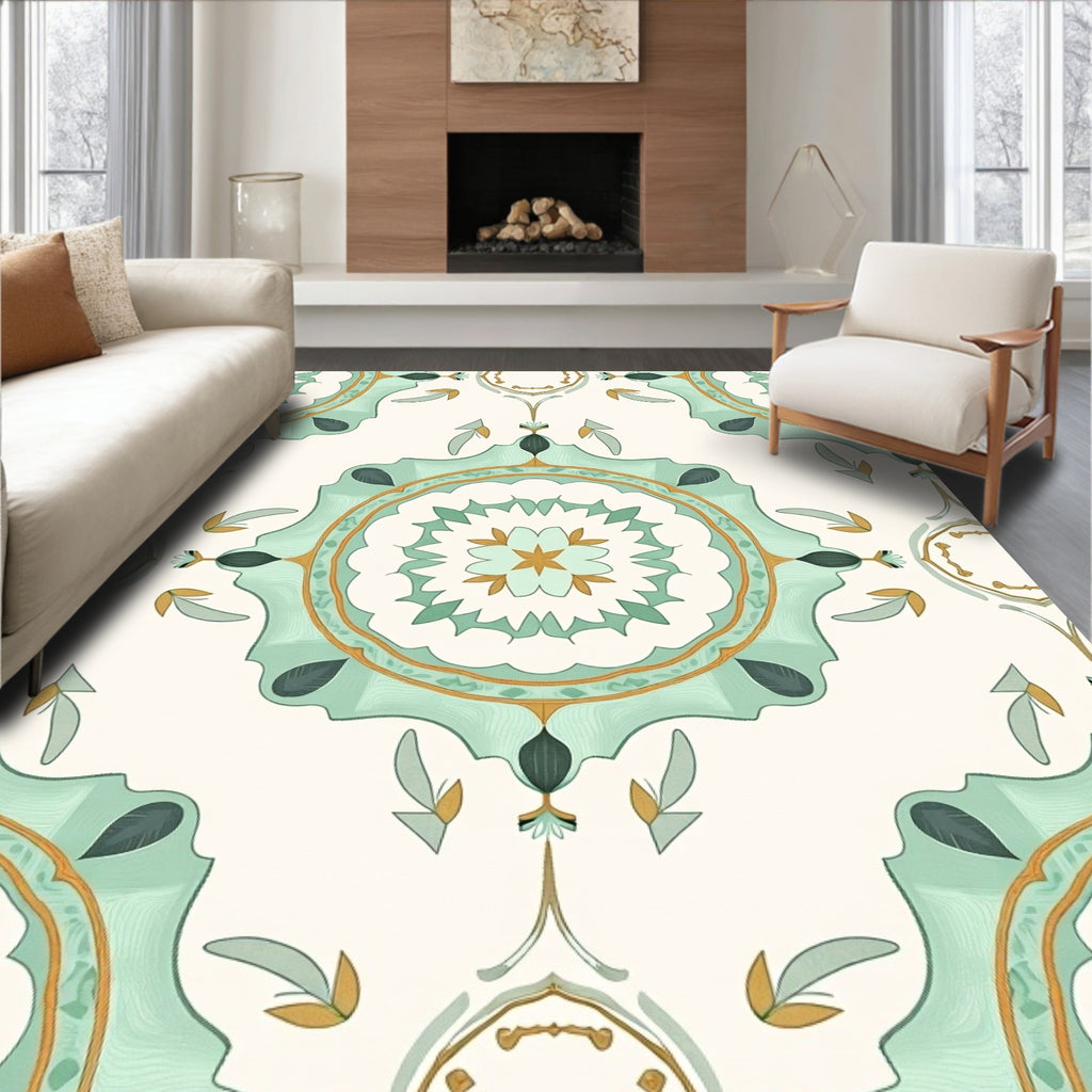 Mint Gold Medallion Damask Rug